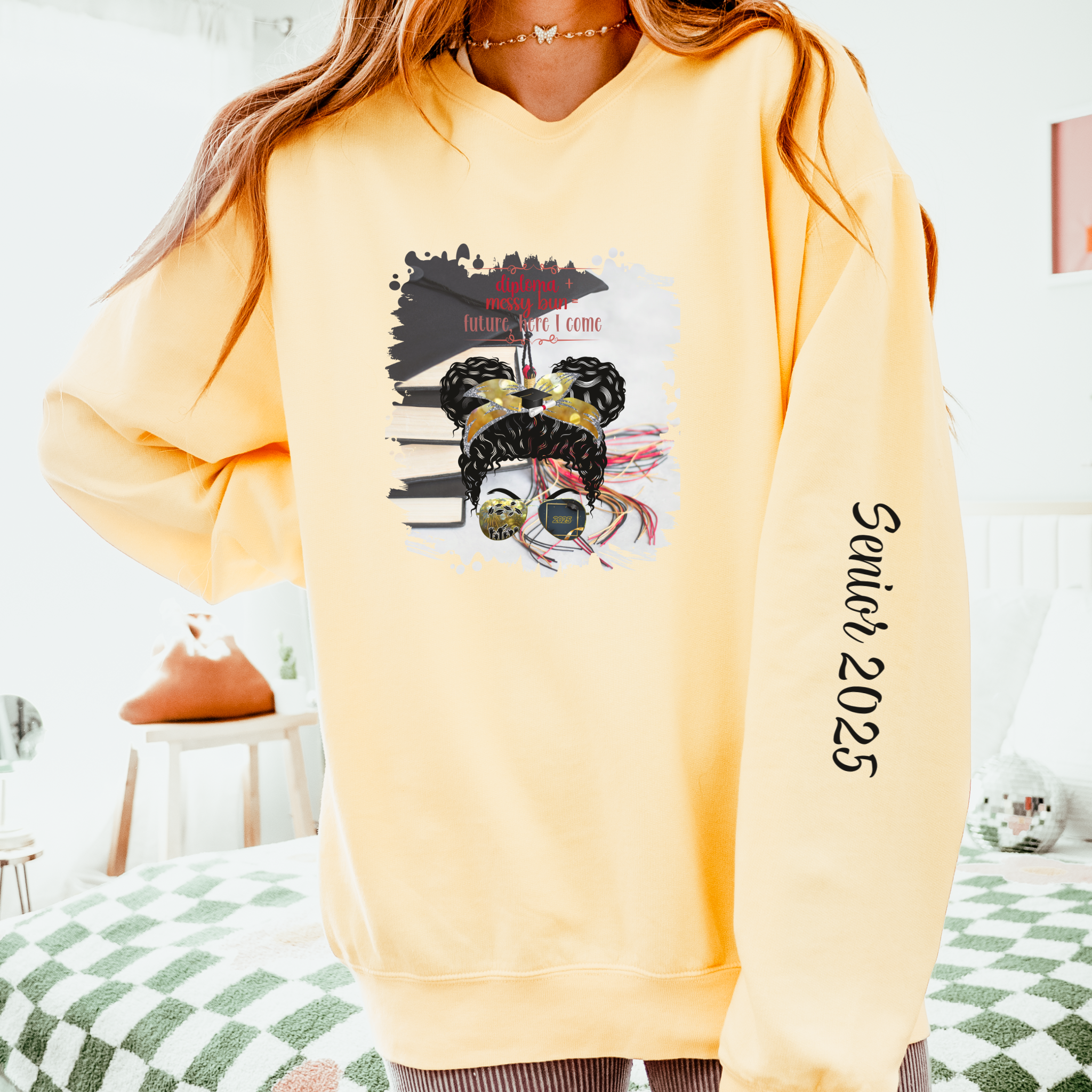 Diploma + Messy Bun, Cap & Books, Black Hair Messy Bun, Unisex Lightweight Crewneck Sweatshirt