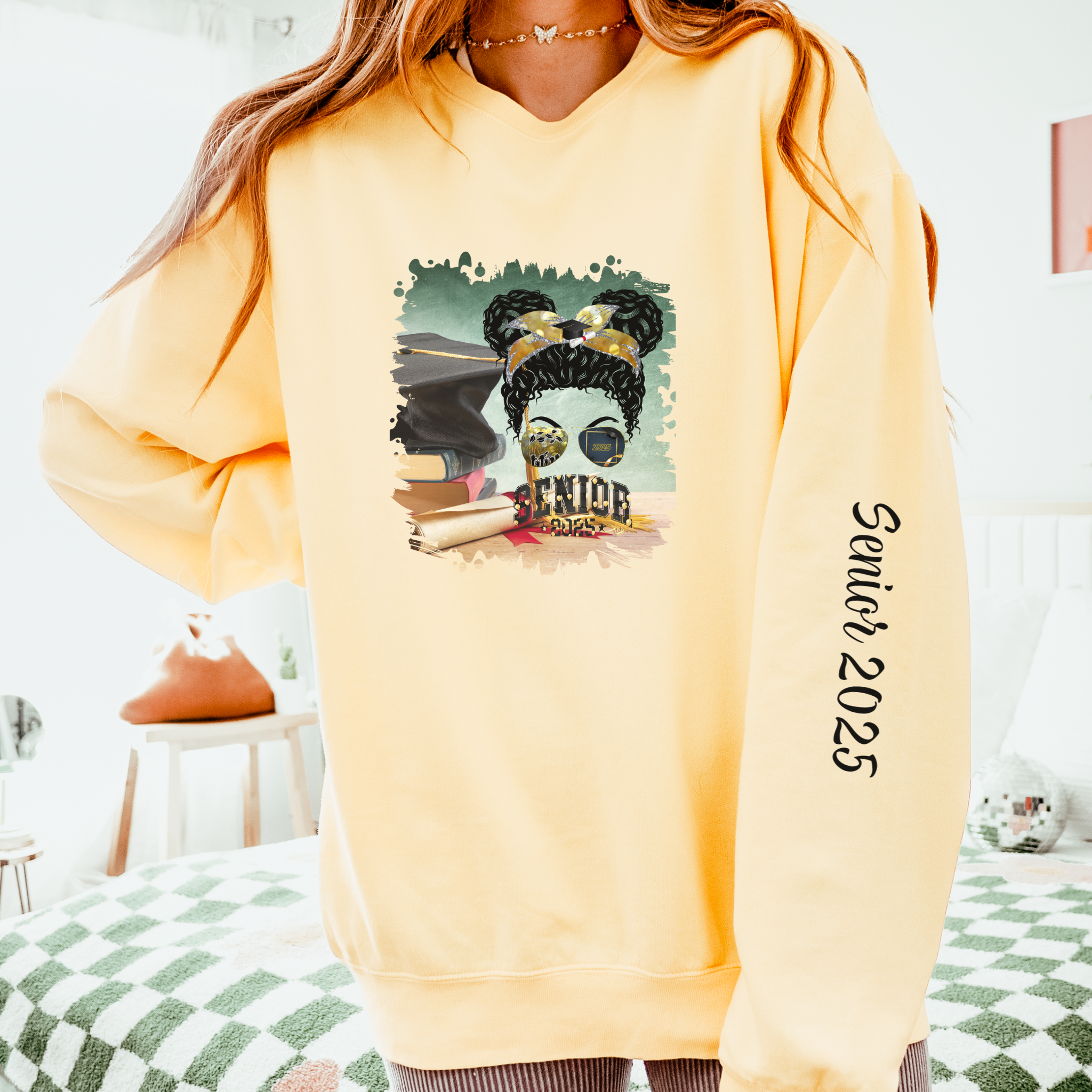 Senior 2025 Balloons, Cap & Degree/Diploma, Black Hair Messy Bun, Unisex Lightweight Crewneck Sweatshirt