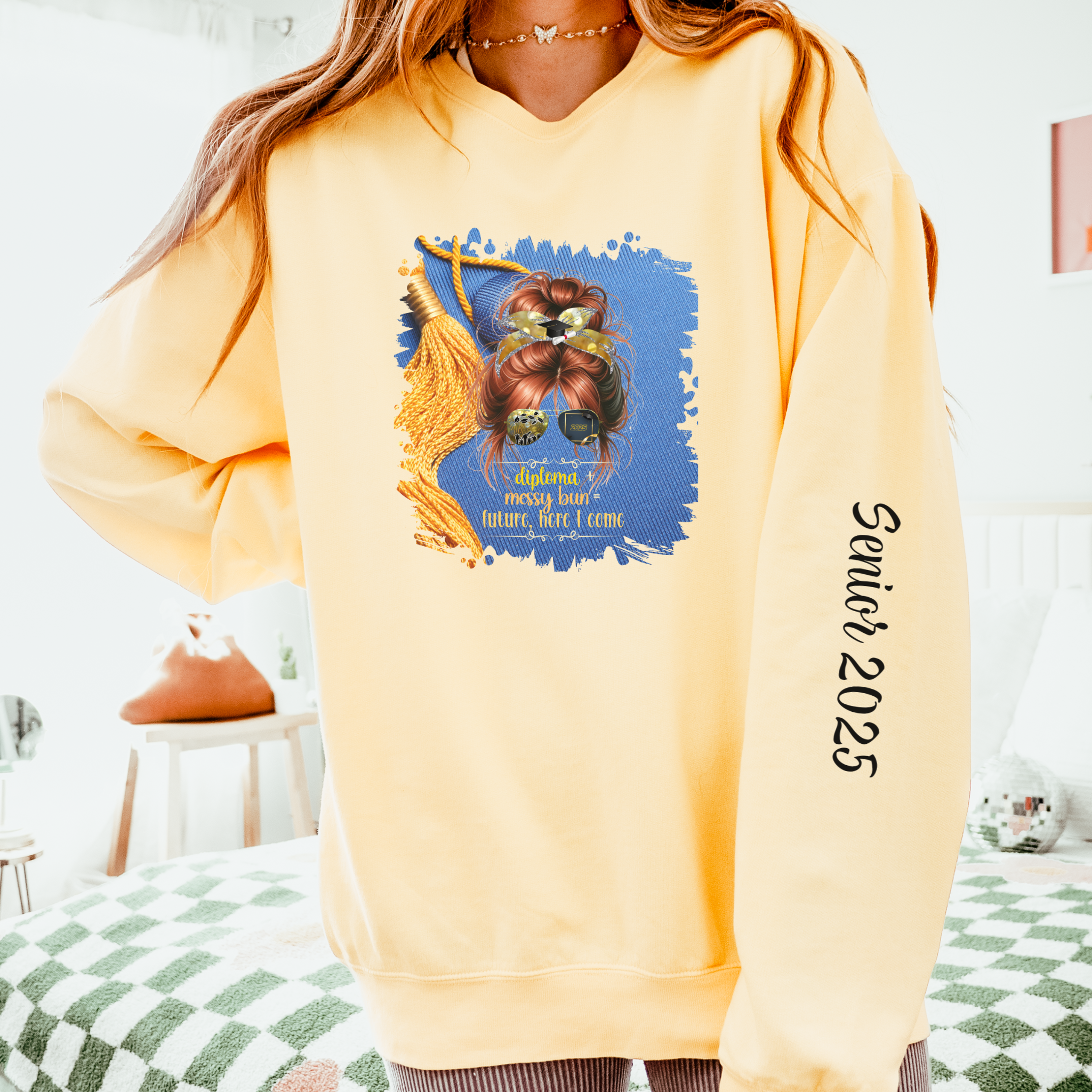 Diploma + Messy Bun, Graduation Cap, Red Hair Messy Bun, Unisex Lightweight Crewneck Sweatshirt