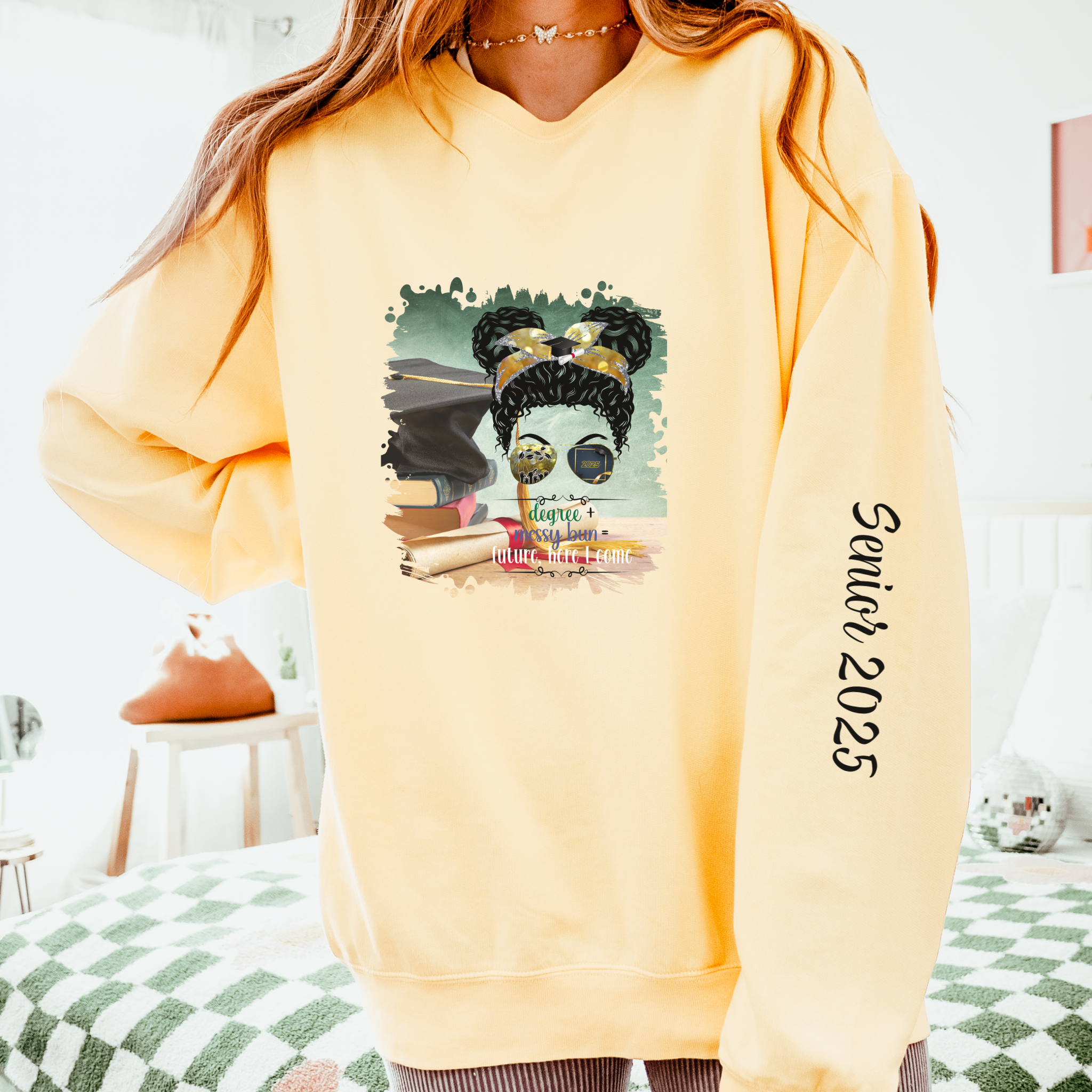 Degree + Messy Bun, Cap & Degree/Diploma, Black Hair Messy Bun, Unisex Lightweight Crewneck Sweatshirt