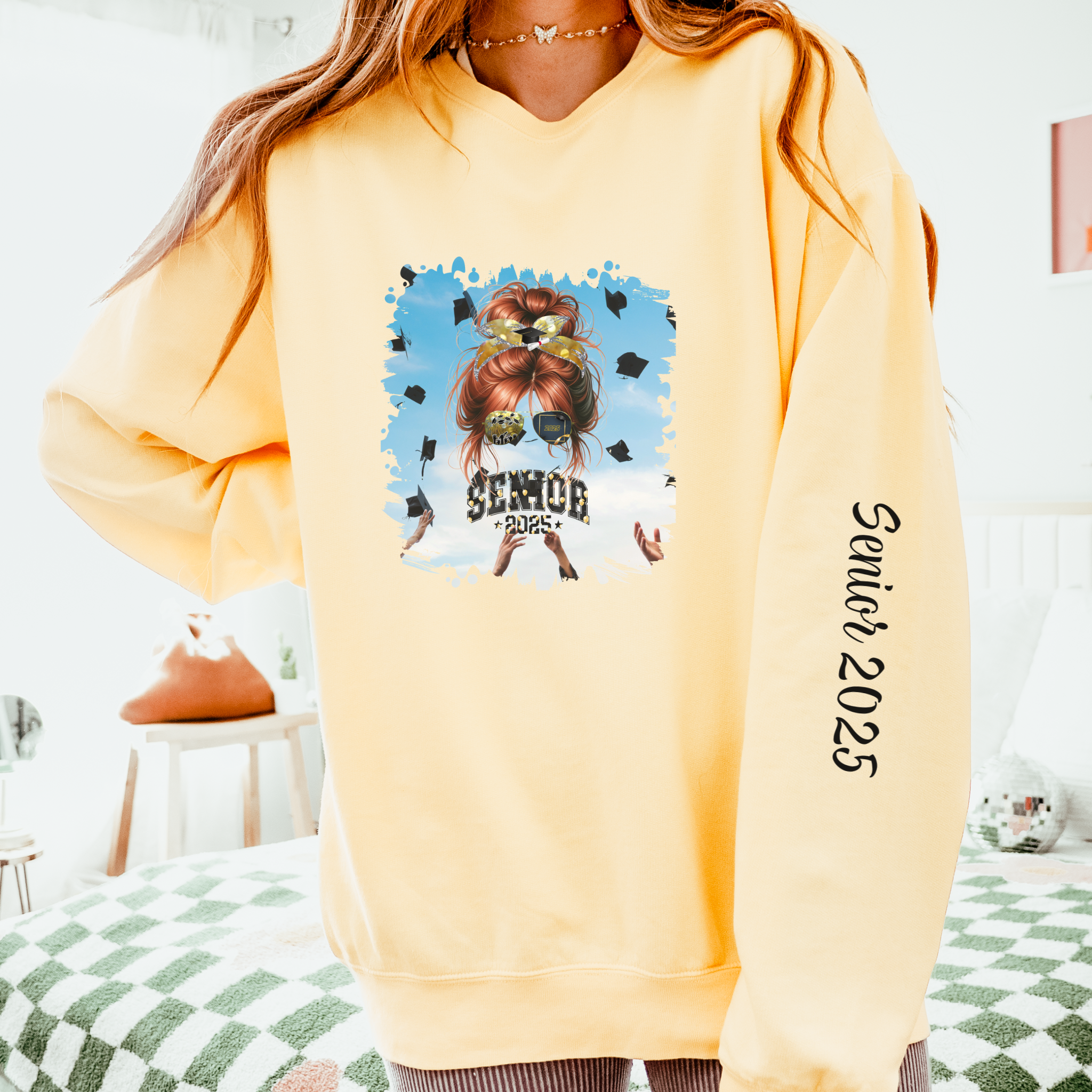 Senior 2025 Balloons, Celebration, Red Hair Messy Bun, Unisex Lightweight Crewneck Sweatshirt