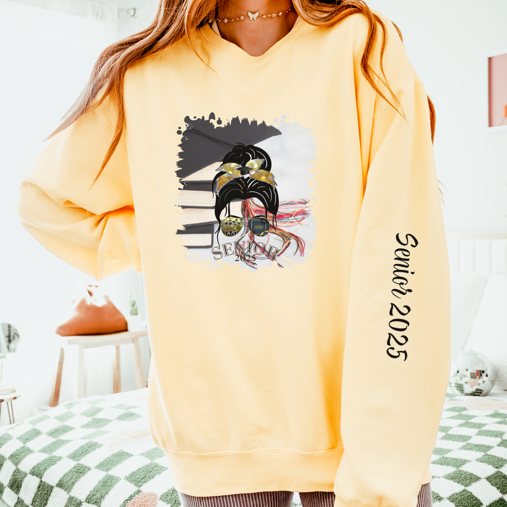 Senior 2025, Cap & Books, Dark Hair Messy Bun, Unisex Lightweight Crewneck Sweatshirt