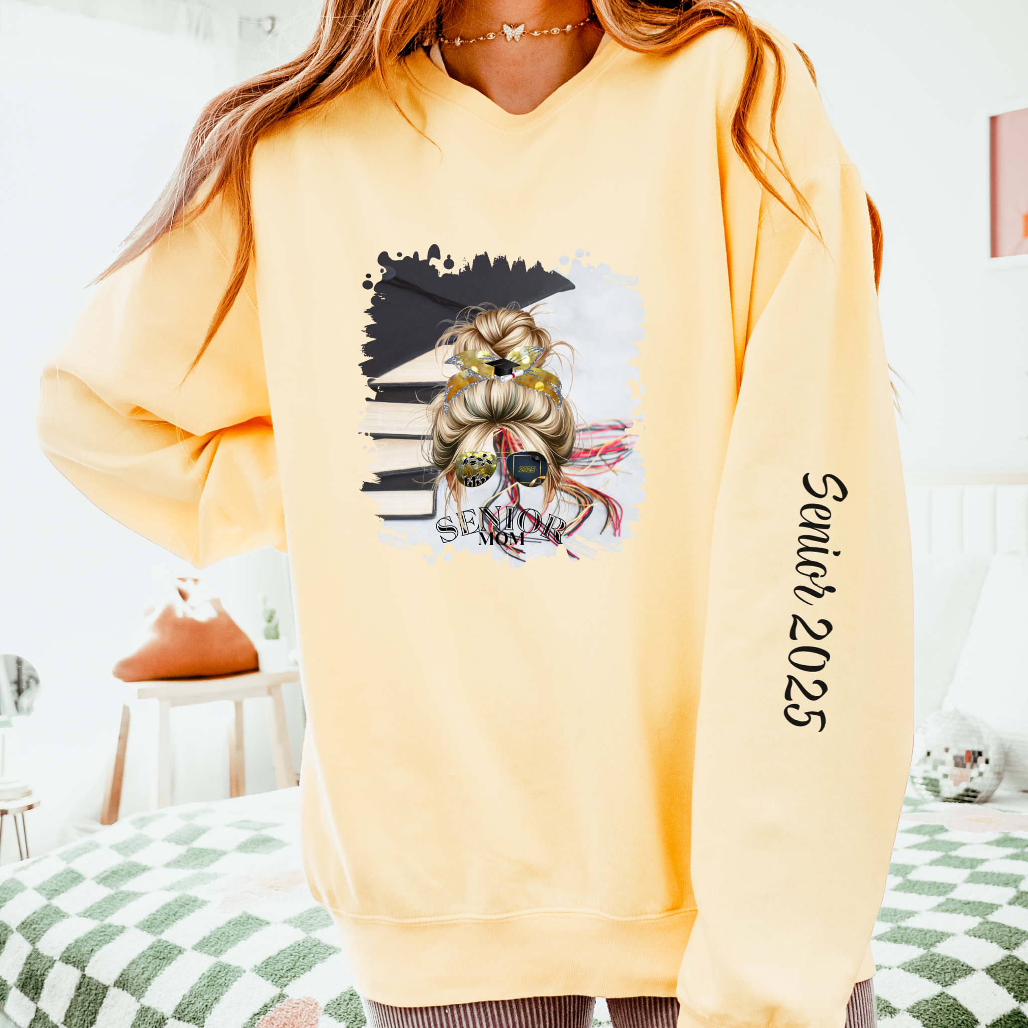 Senior Mom, Cap & Books, Blond Hair Messy Bun, Unisex Lightweight Crewneck Sweatshirt