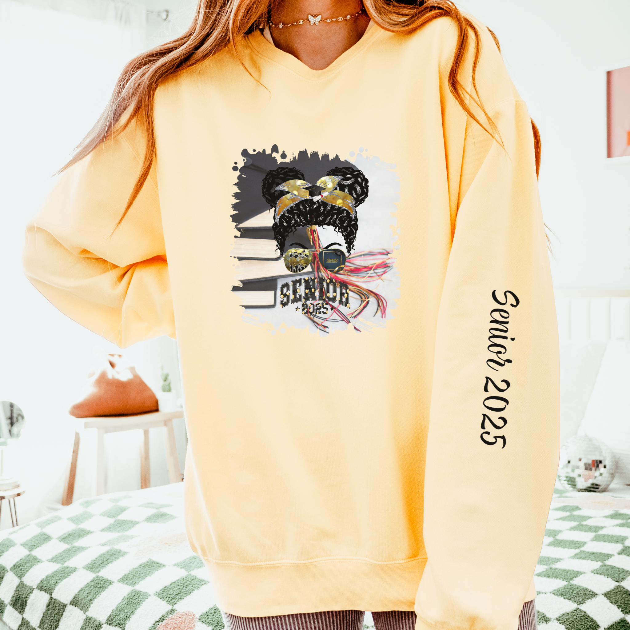 Senior 2025 Balloons, Cap & Books, Black Hair Messy Bun, Unisex Lightweight Crewneck Sweatshirt