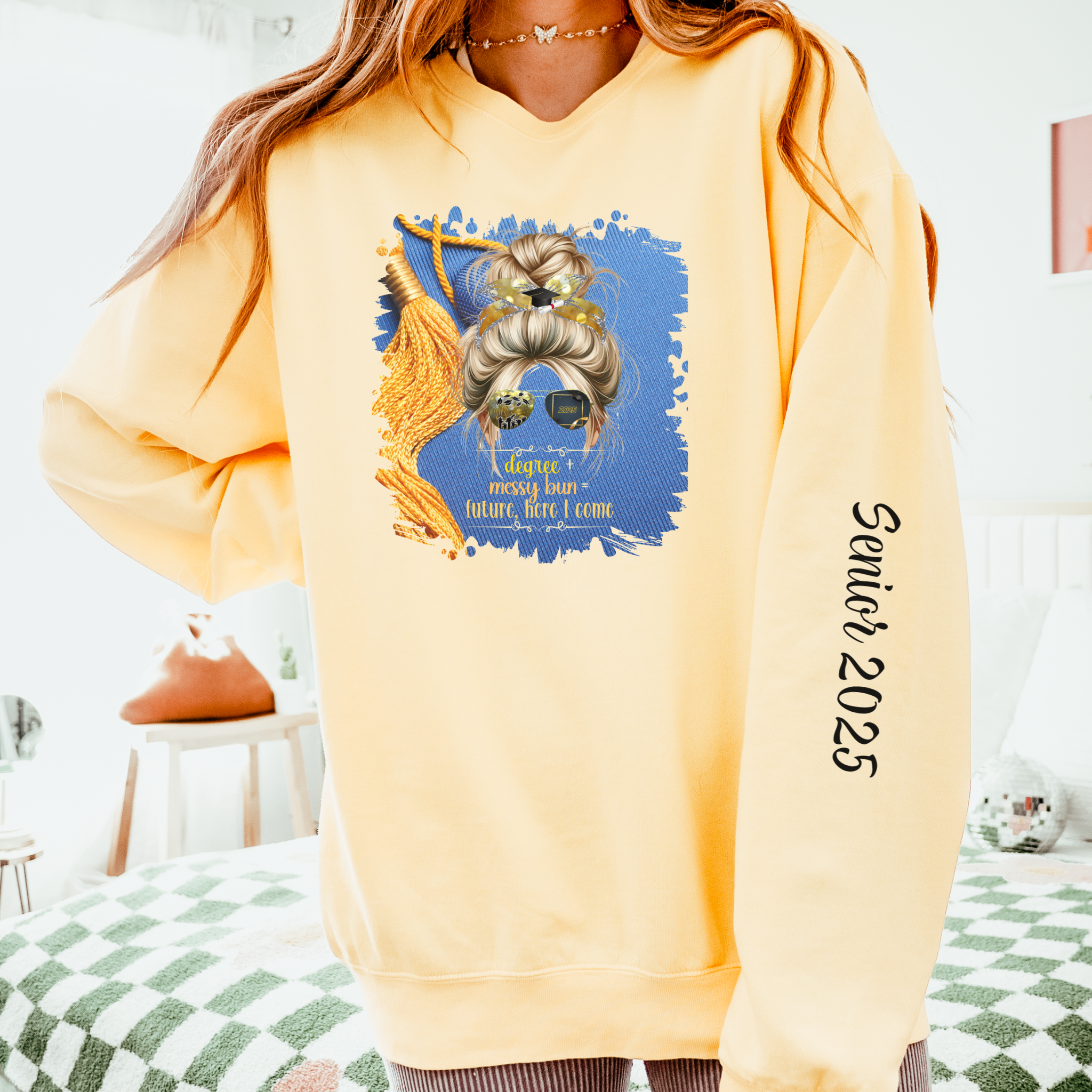 Degree + Messy Bun, Graduation Cap, Blond Hair Messy Bun, Unisex Lightweight Crewneck Sweatshirt