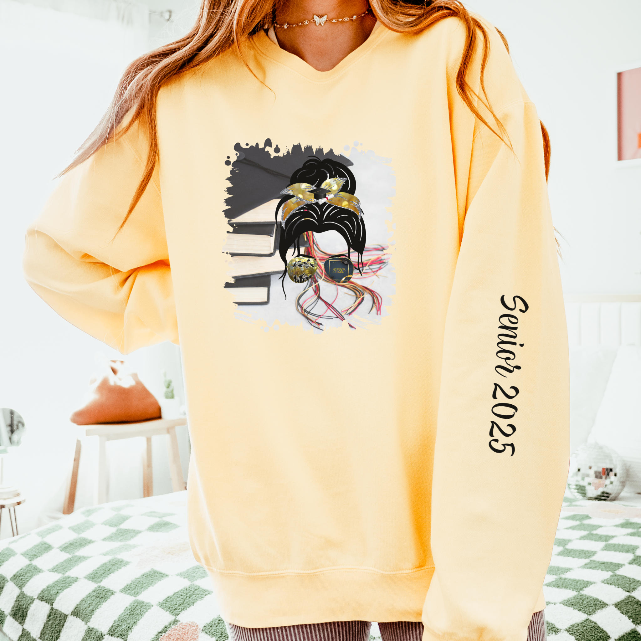 Cap & Books, Dark Hair Messy Bun, Unisex Lightweight Crewneck Sweatshirt
