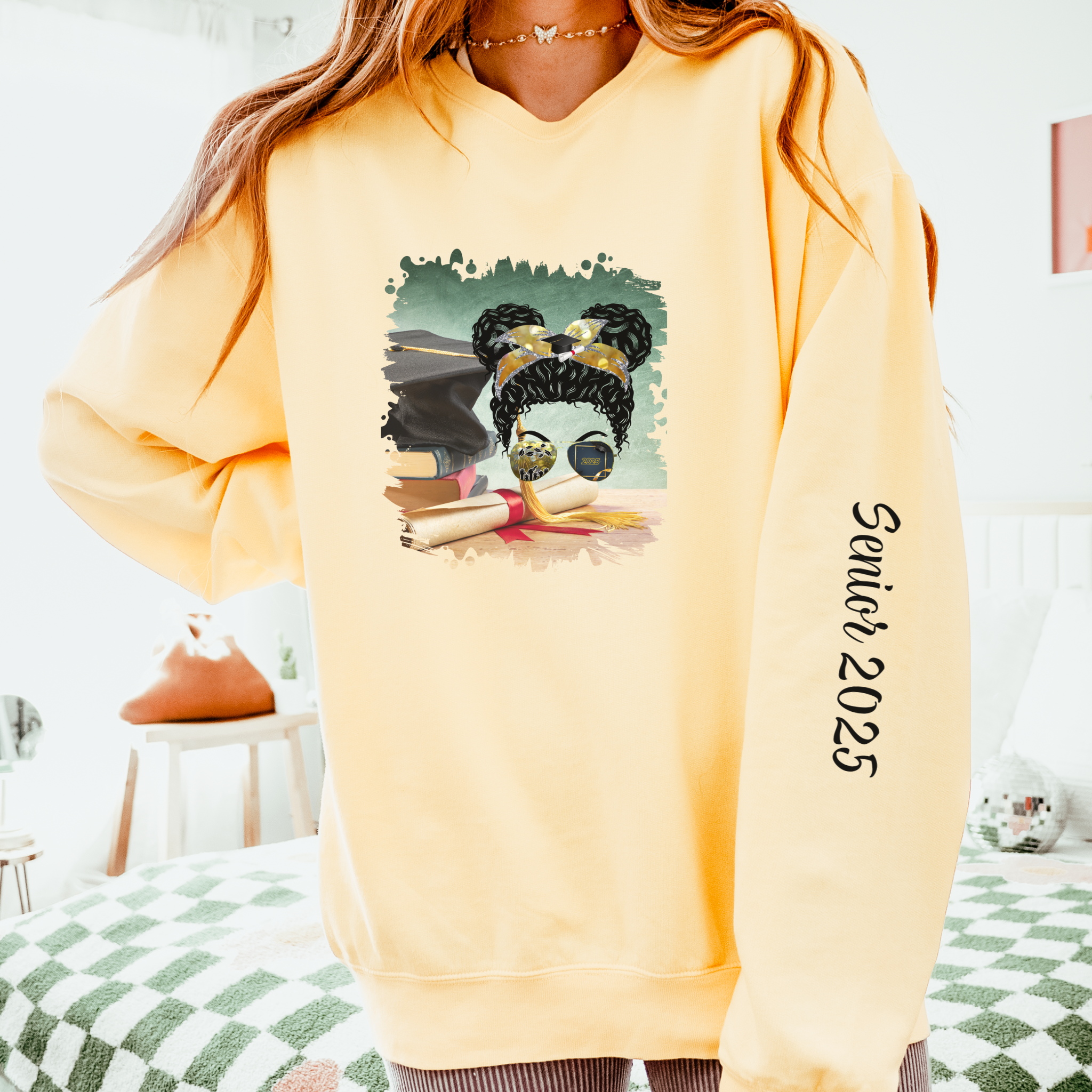 Cap & Degree/Diploma, Black Hair Messy Bun, Unisex Lightweight Crewneck Sweatshirt