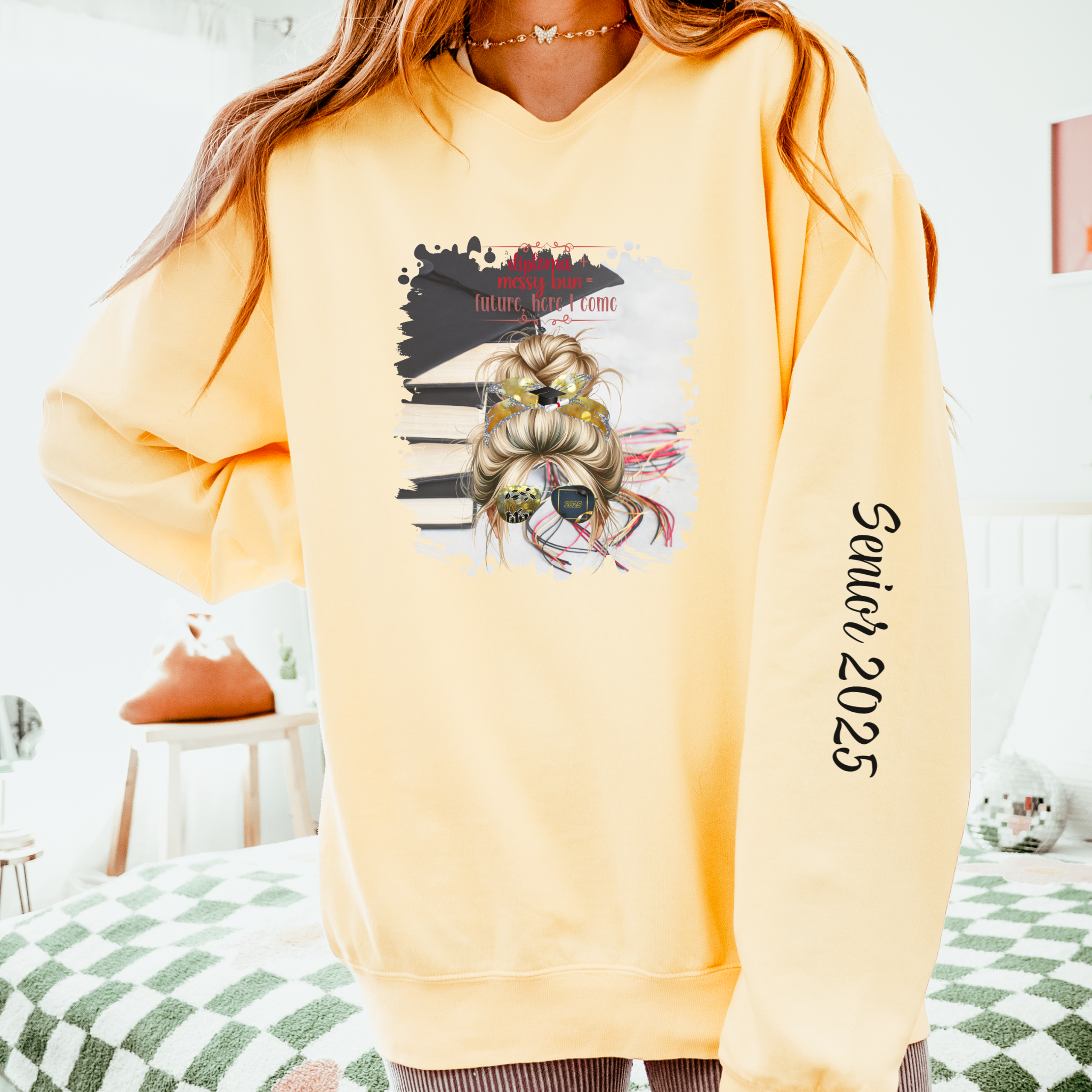 Diploma + Messy Bun, Cap & Books, Blond Hair Messy Bun, Unisex Lightweight Crewneck Sweatshirt