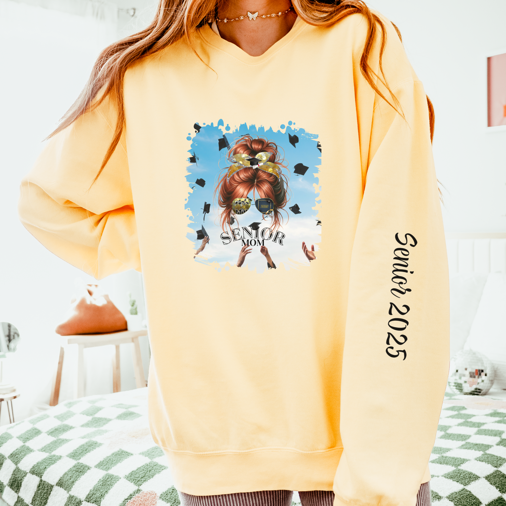Senior Mom, Celebration, Red Hair Messy Bun, Unisex Lightweight Crewneck Sweatshirt