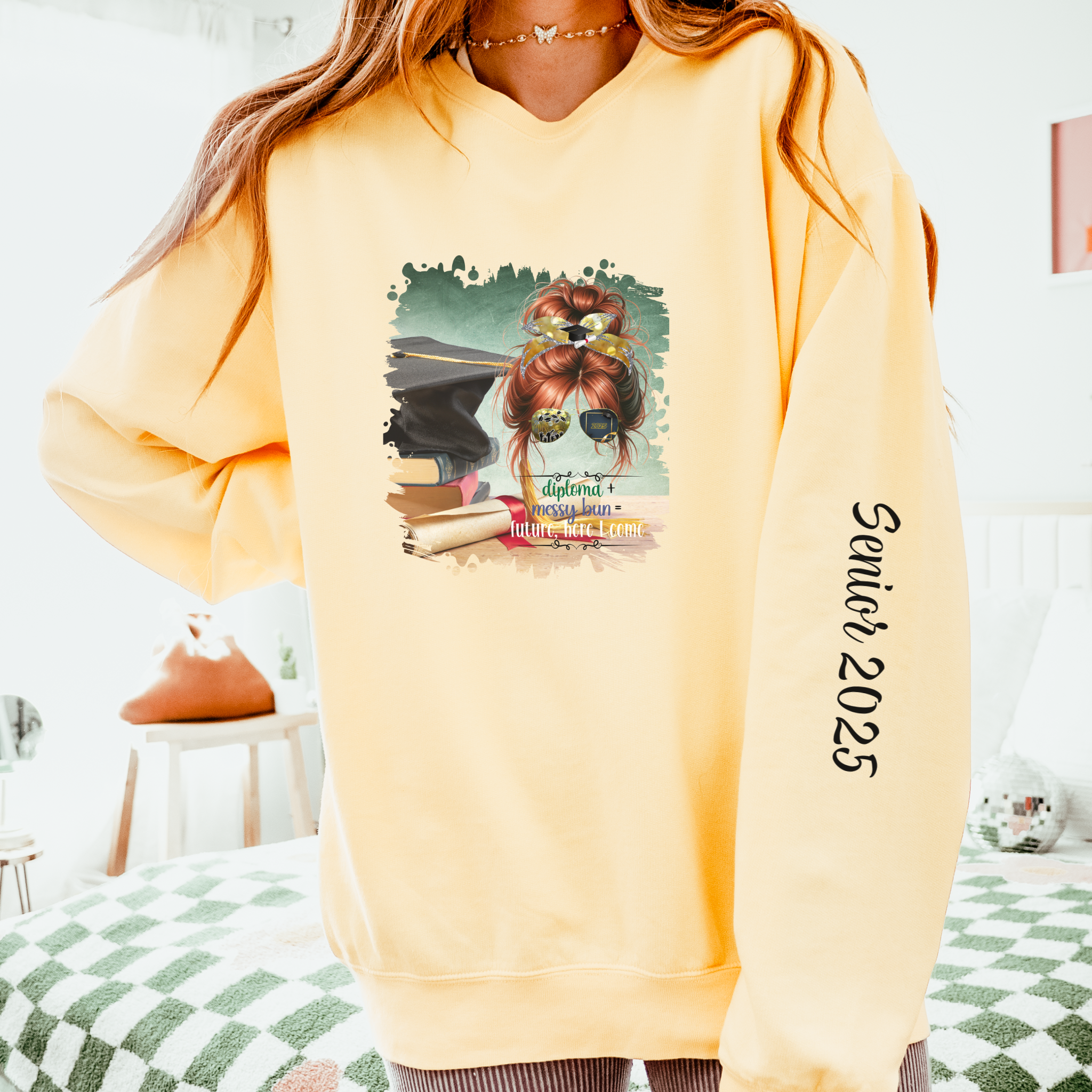 Diploma + Messy Bun, Cap & Degree/Diploma, Red Hair Messy Bun, Unisex Lightweight Crewneck Sweatshirt