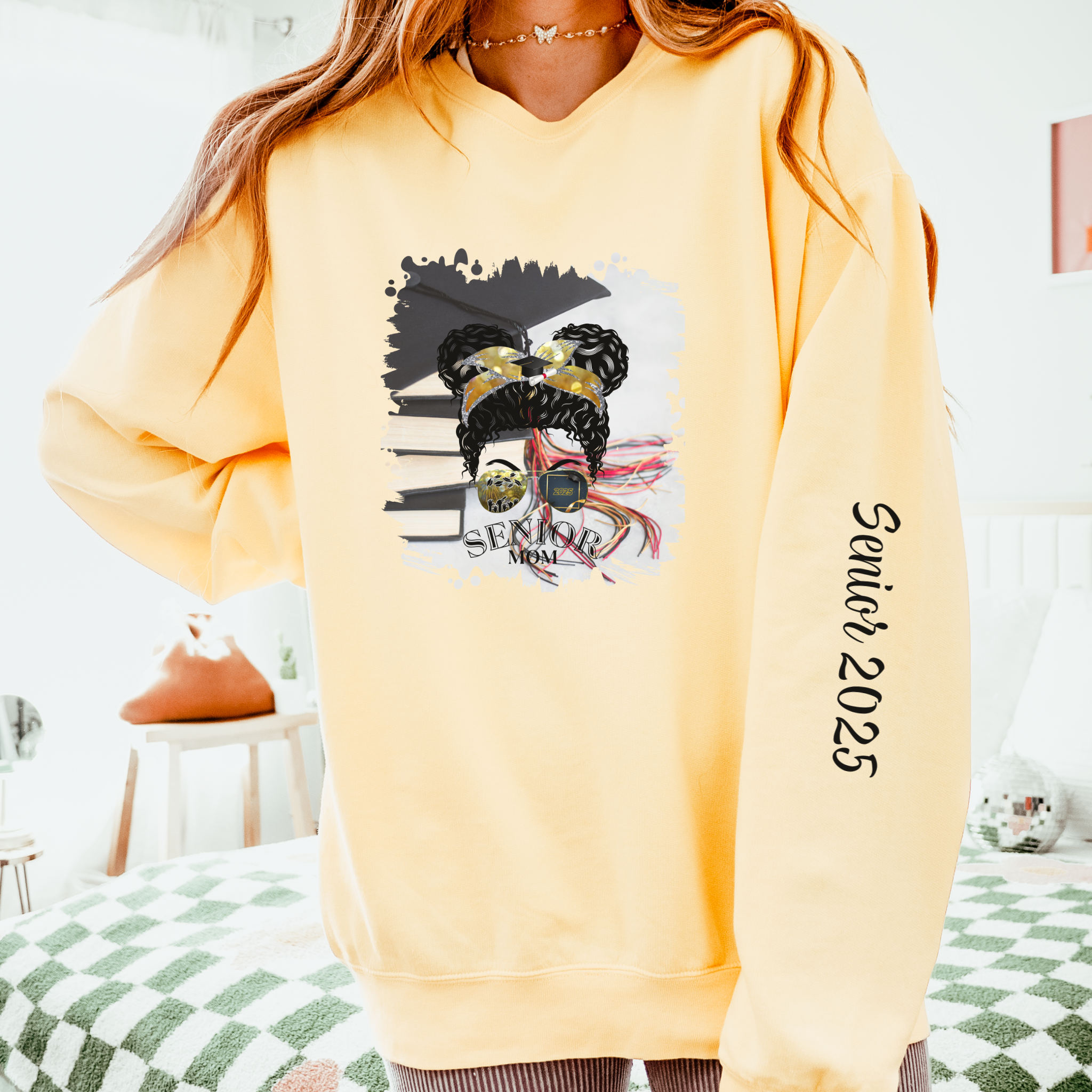 Senior Mom, Cap & Books, Black Hair Messy Bun, Unisex Lightweight Crewneck Sweatshirt