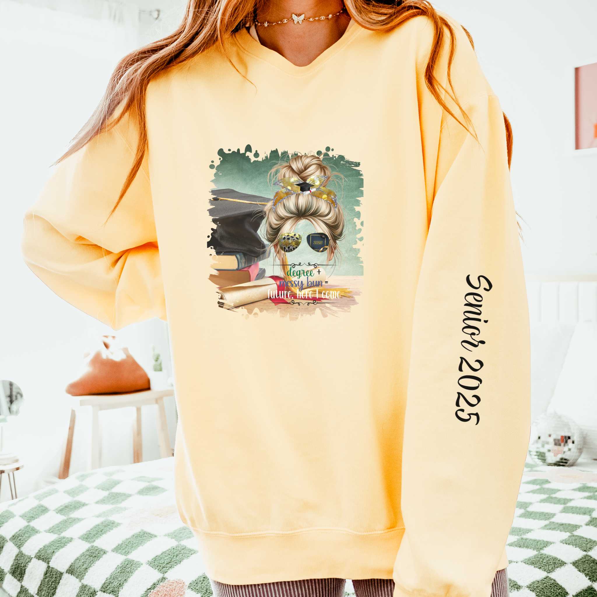 Degree + Messy Bun, Cap & Degree/Diploma, Blond Hair Messy Bun, Unisex Lightweight Crewneck Sweatshirt