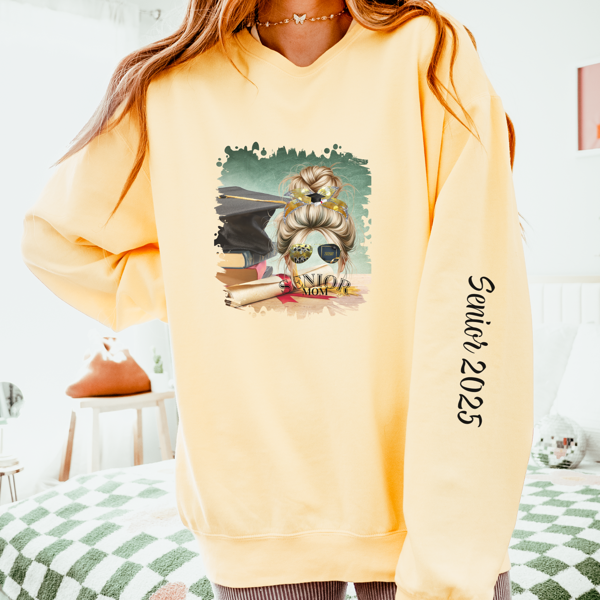 Senior Mom, Cap & Degree/Diploma, Blond Hair Messy Bun, Unisex Lightweight Crewneck Sweatshirt