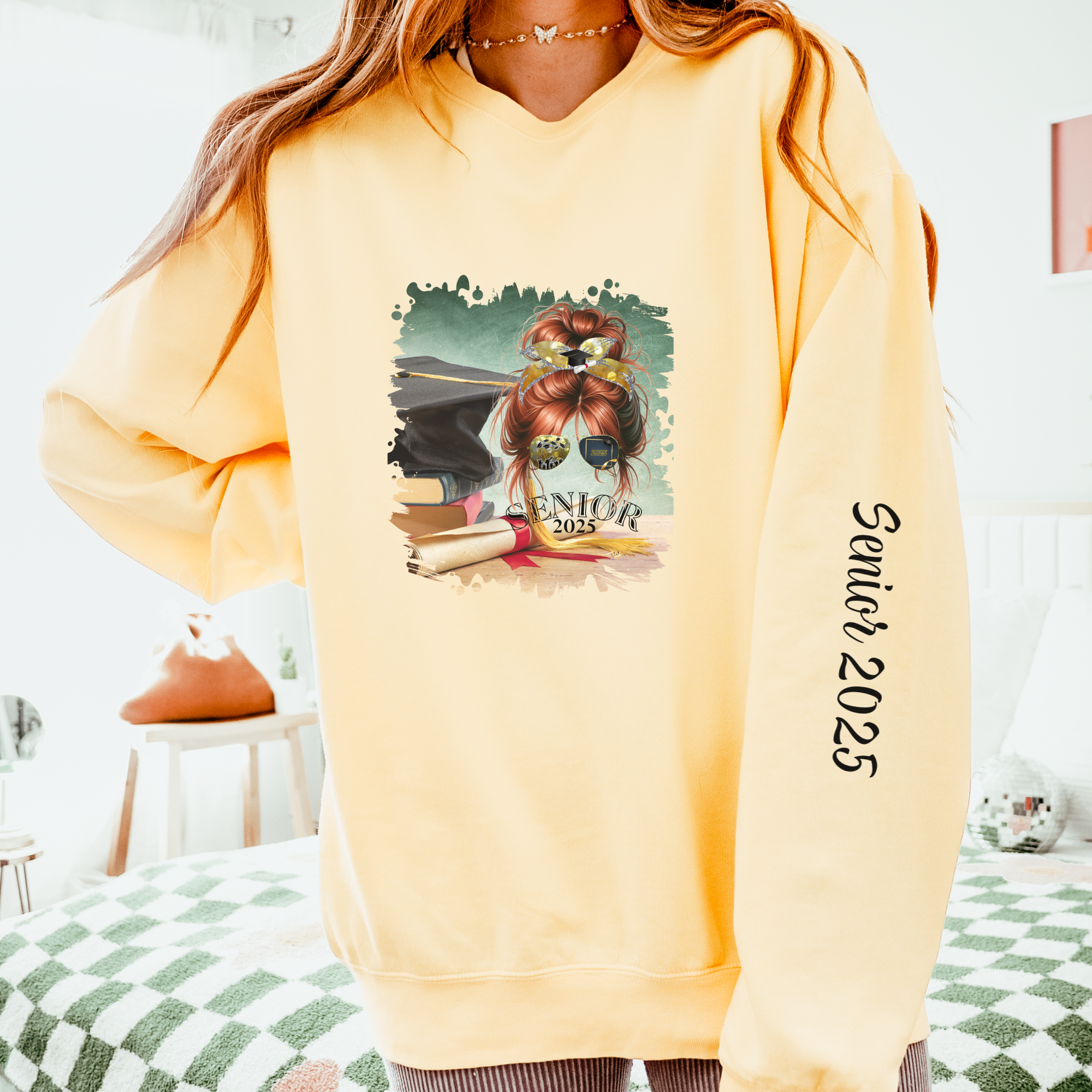 Senior 2025, Cap & Degree/Diploma, Red Hair Messy Bun, Unisex Lightweight Crewneck Sweatshirt