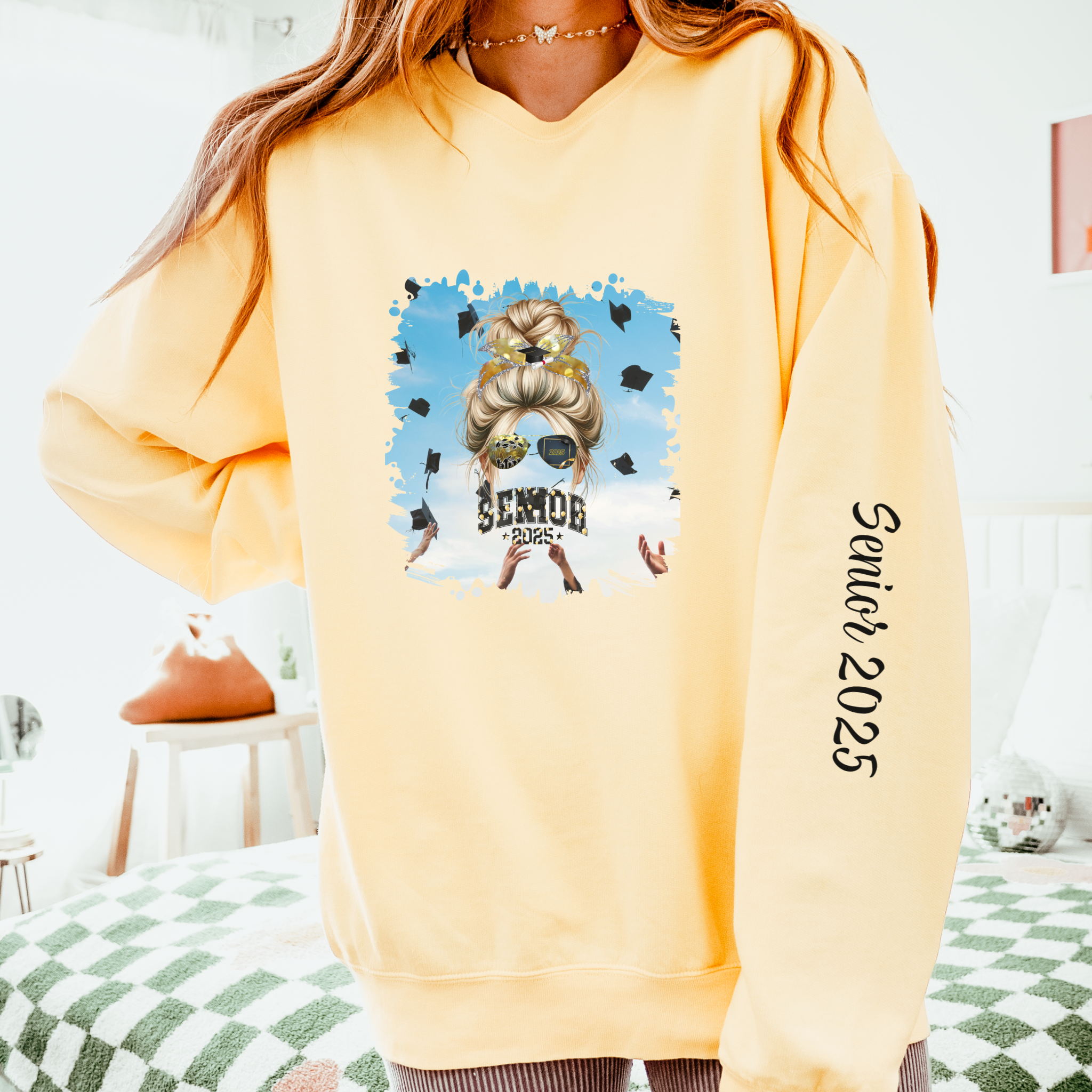 Senior 2025 Balloons, Celebration, Blond Hair Messy Bun, Unisex Lightweight Crewneck Sweatshirt
