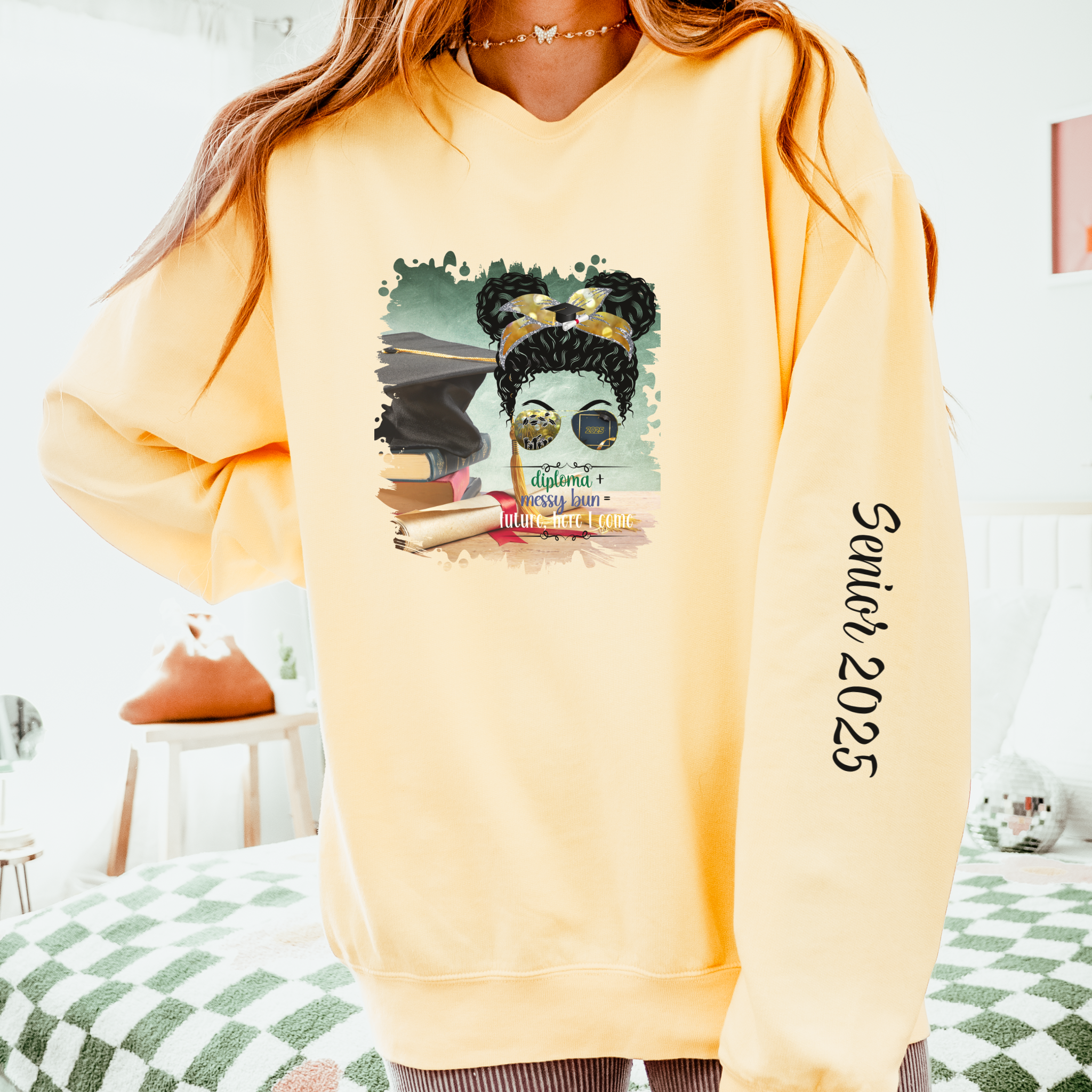 Diploma + Messy Bun, Cap & Degree/Diploma, Black Hair Messy Bun, Unisex Lightweight Crewneck Sweatshirt