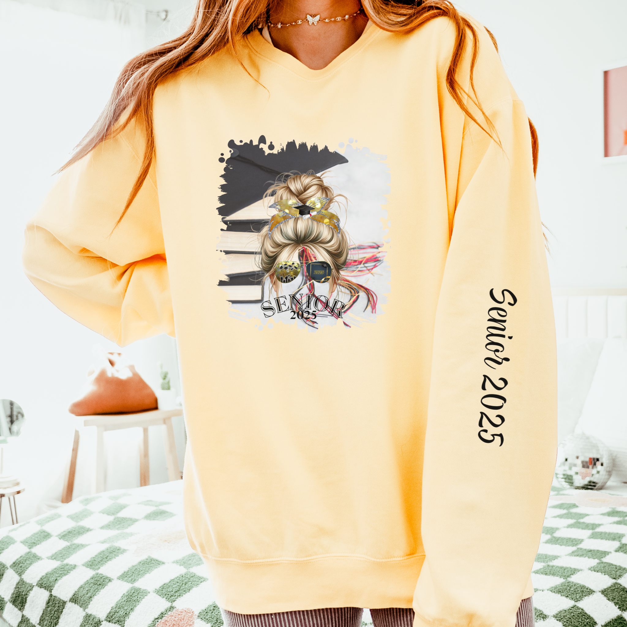Senior 2025, Cap & Books, Blond Hair Messy Bun, Unisex Lightweight Crewneck Sweatshirt