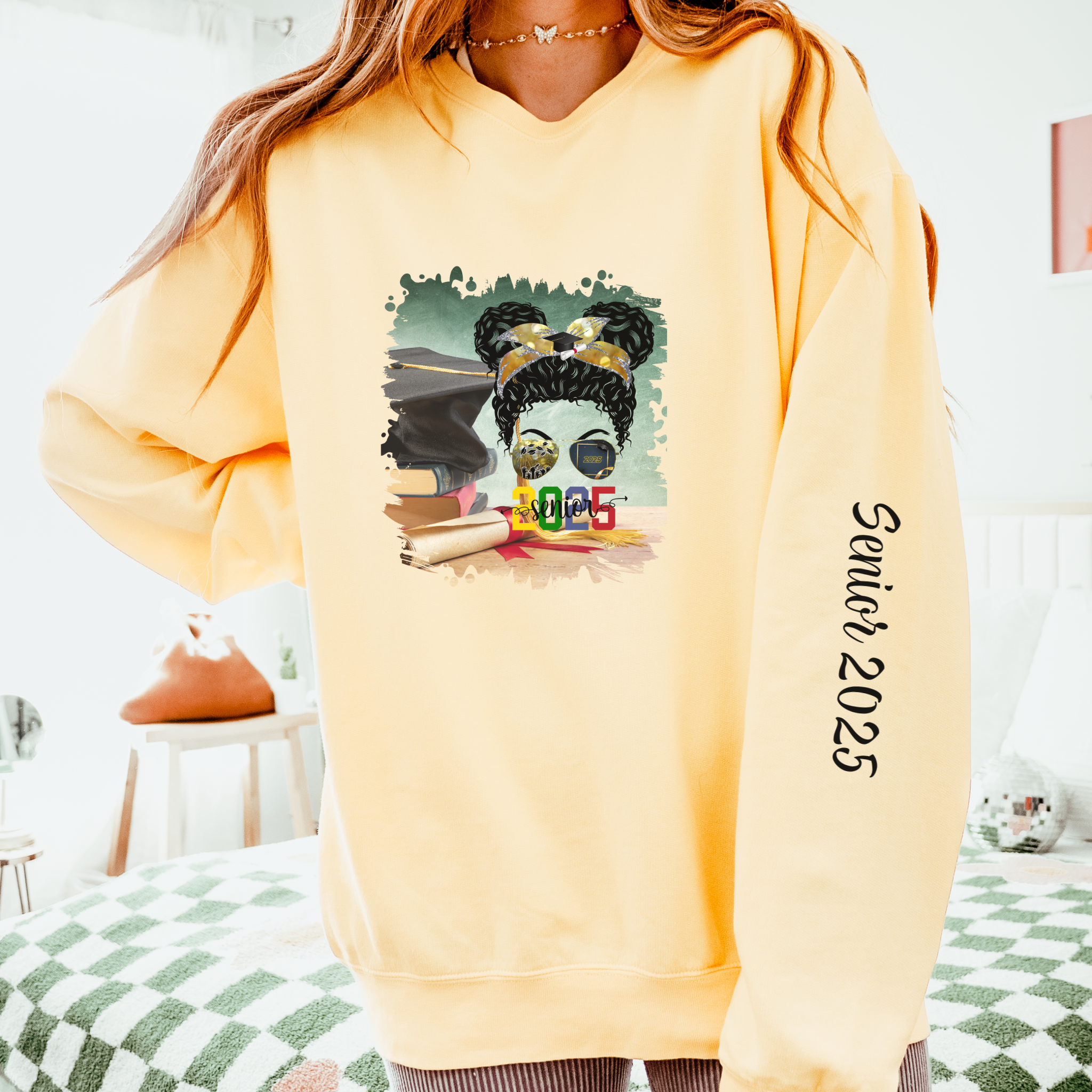 Senior 2025 Colorful, Cap & Degree/Diploma, Black Hair Messy Bun, Unisex Lightweight Crewneck Sweatshirt