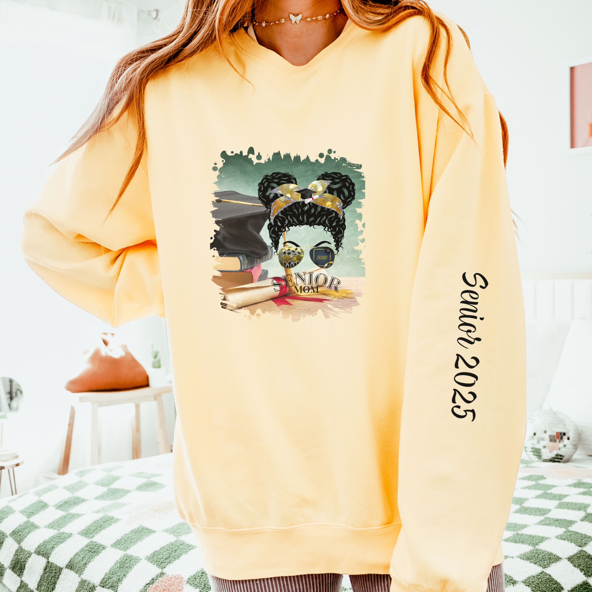 Senior Mom, Cap & Degree/Diploma, Black Hair Messy Bun, Unisex Lightweight Crewneck Sweatshirt