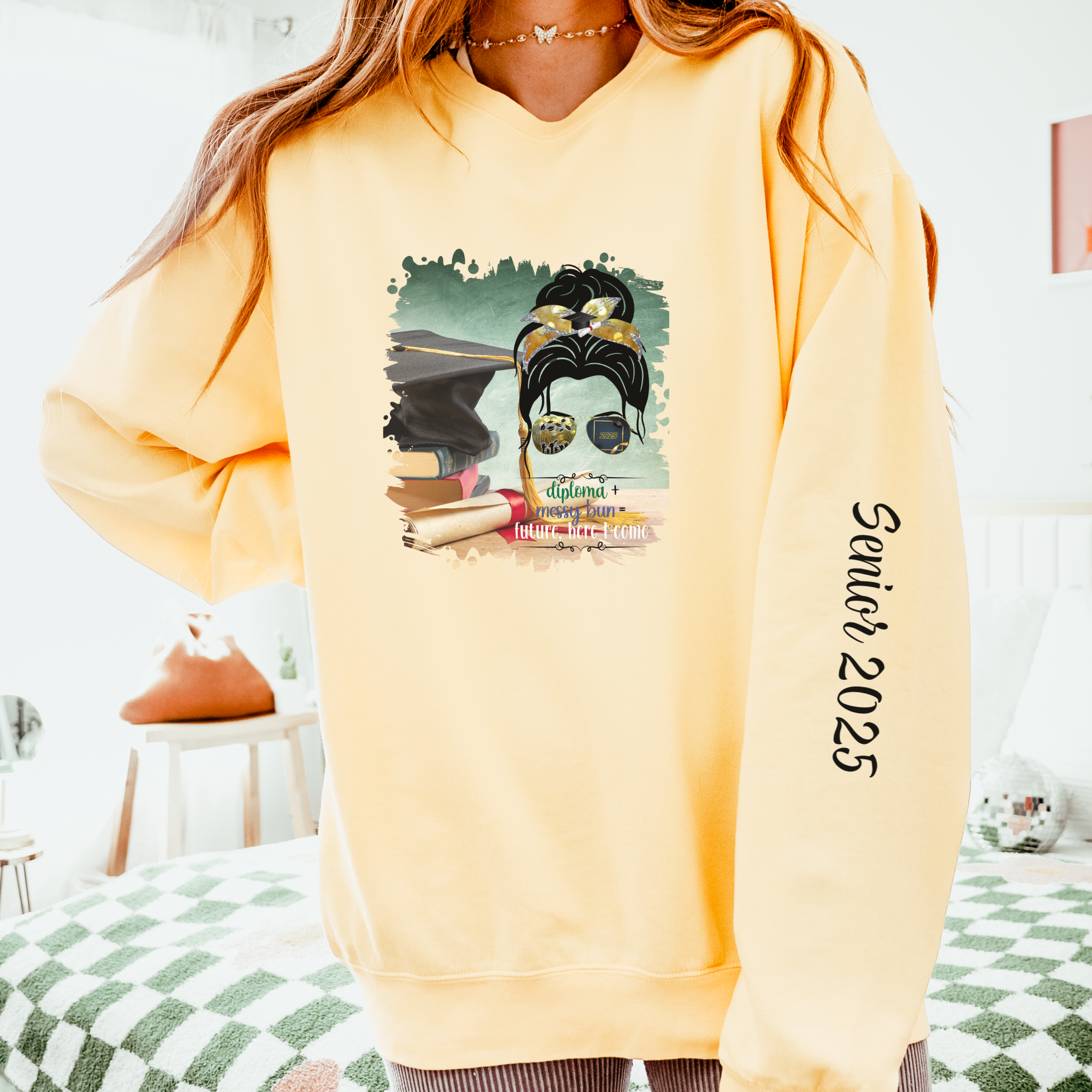 Diploma + Messy Bun, Cap & Degree/Diploma, Dark Hair Messy Bun, Unisex Lightweight Crewneck Sweatshirt