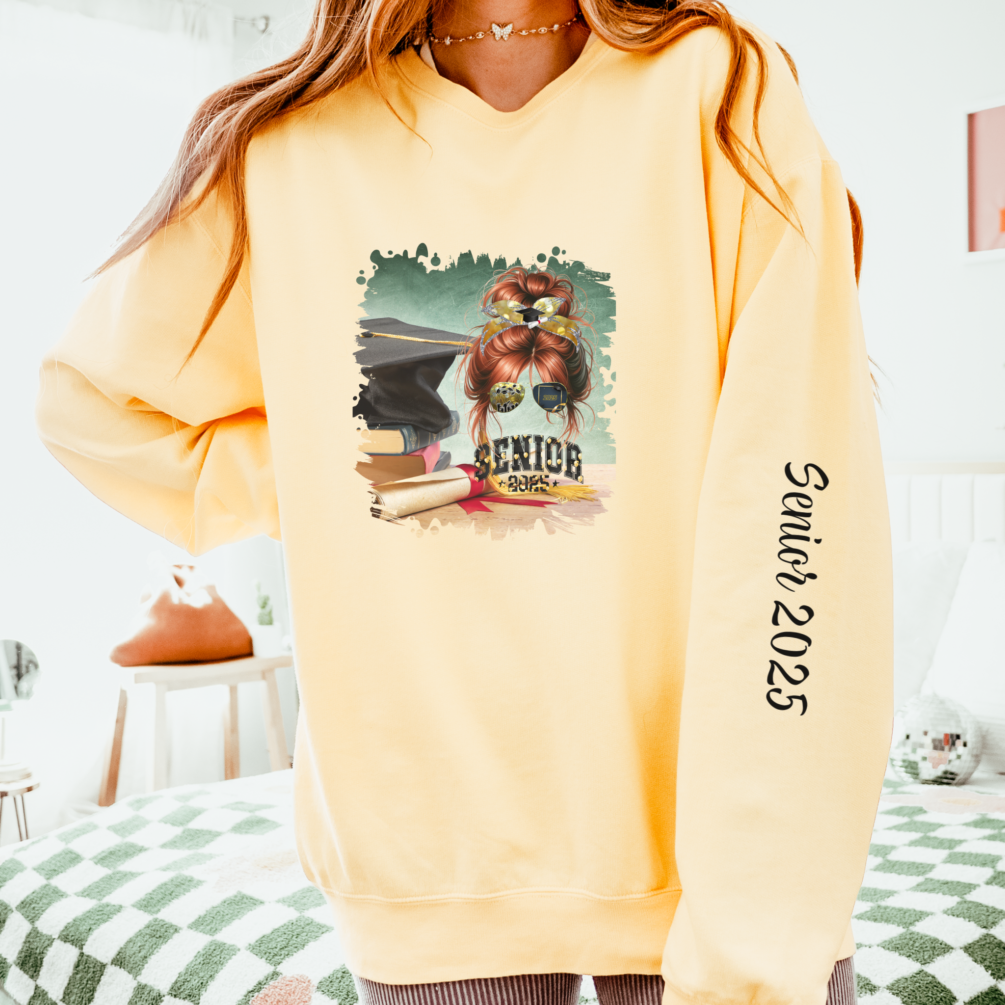 Senior 2025 Balloons, Cap & Degree/Diploma, Red Hair Messy Bun, Unisex Lightweight Crewneck Sweatshirt