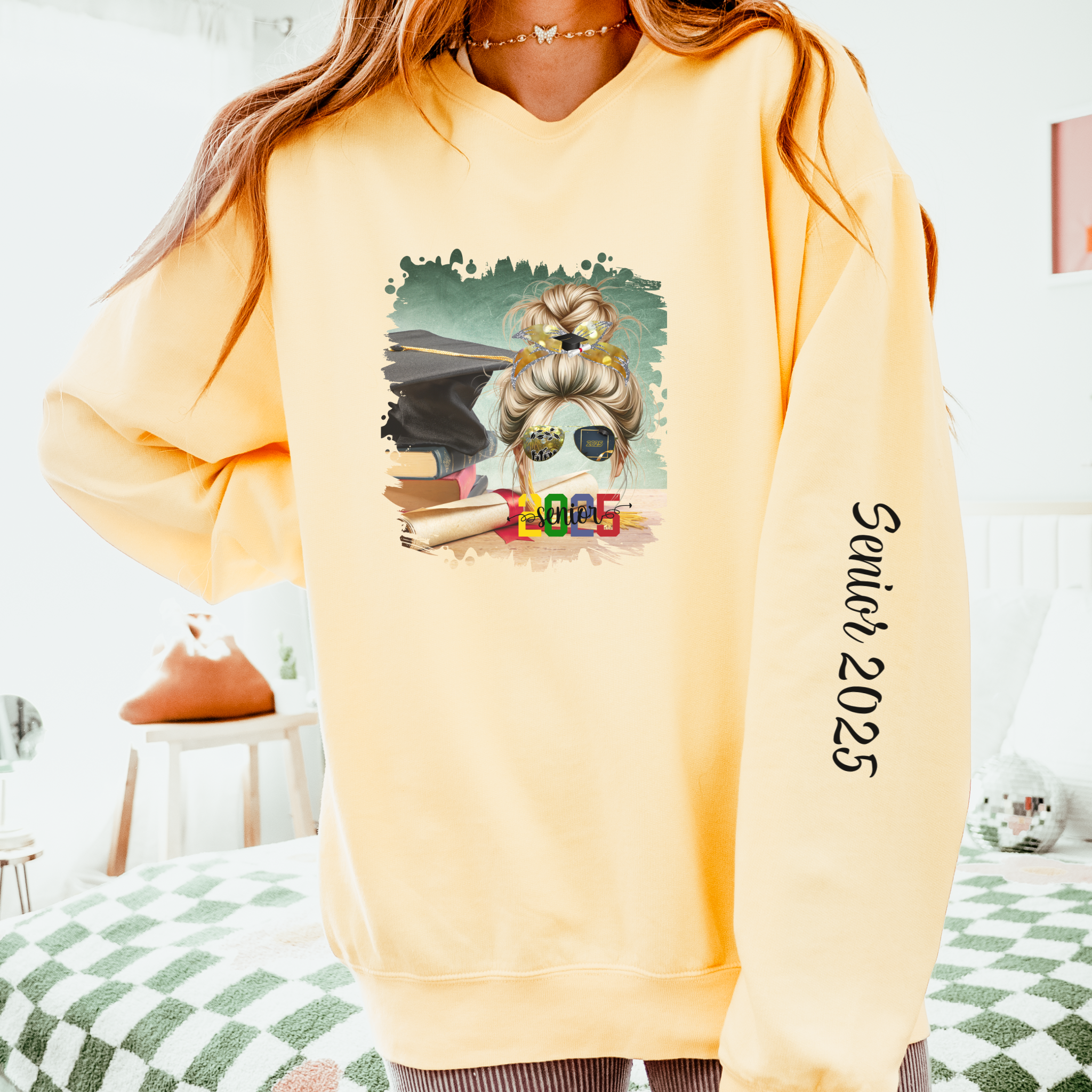 Senior 2025 Colorful, Cap & Degree/Diploma, Blond Hair Messy Bun, Unisex Lightweight Crewneck Sweatshirt