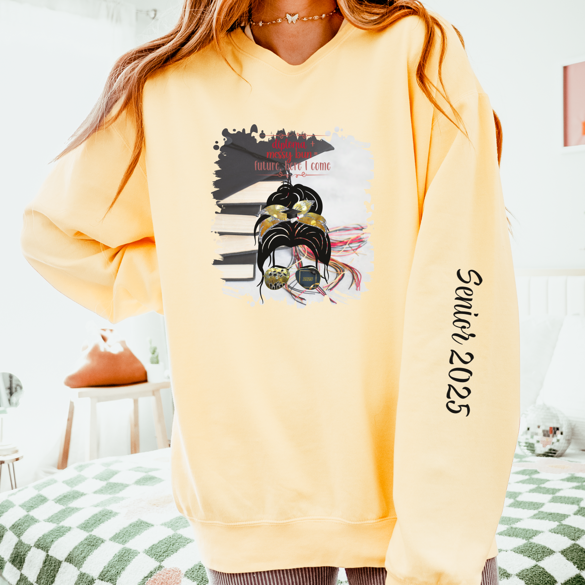 Diploma + Messy Bun, Cap & Books, Dark Hair Messy Bun, Unisex Lightweight Crewneck Sweatshirt