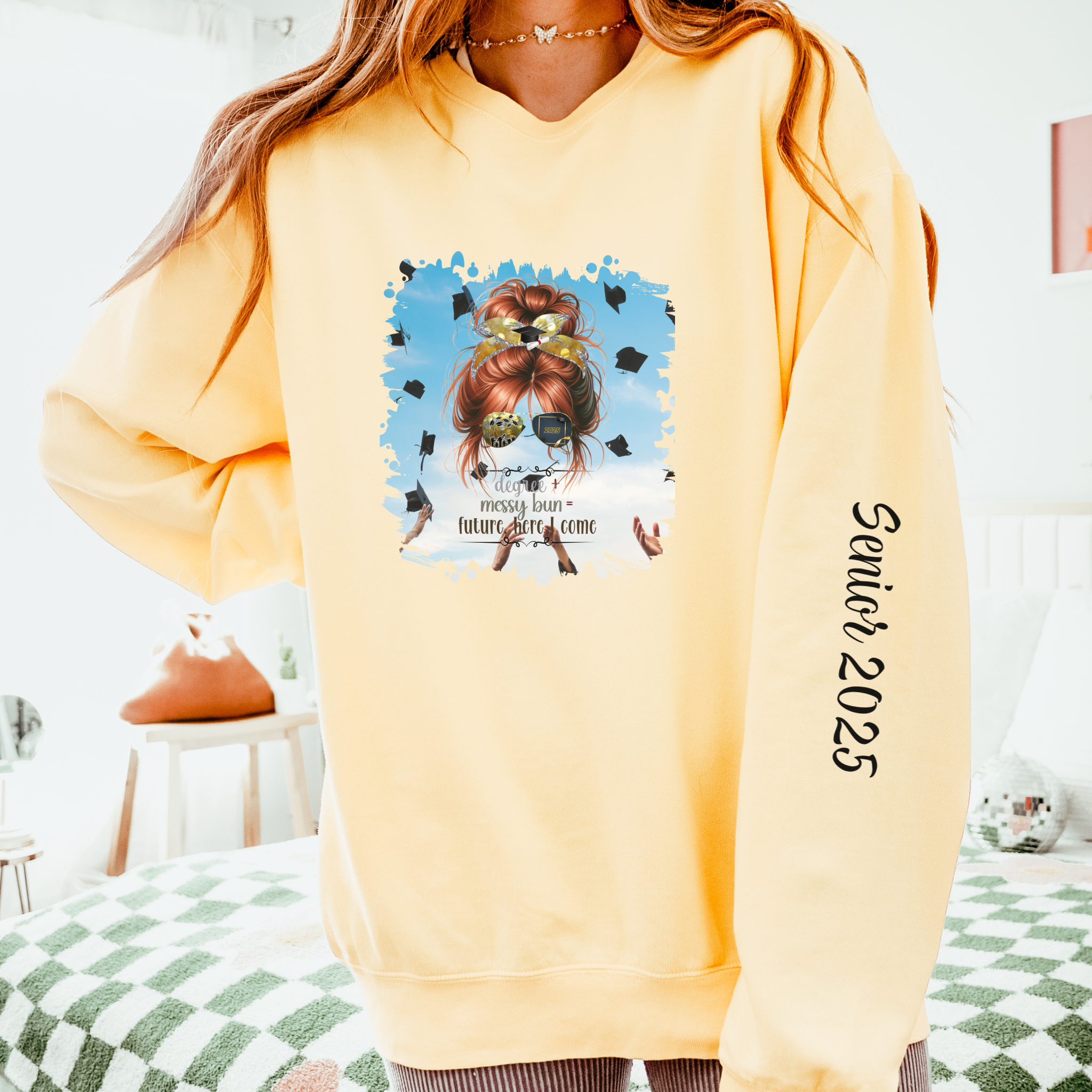Degree + Messy Bun, Celebration, Red Hair Messy Bun, Unisex Lightweight Crewneck Sweatshirt