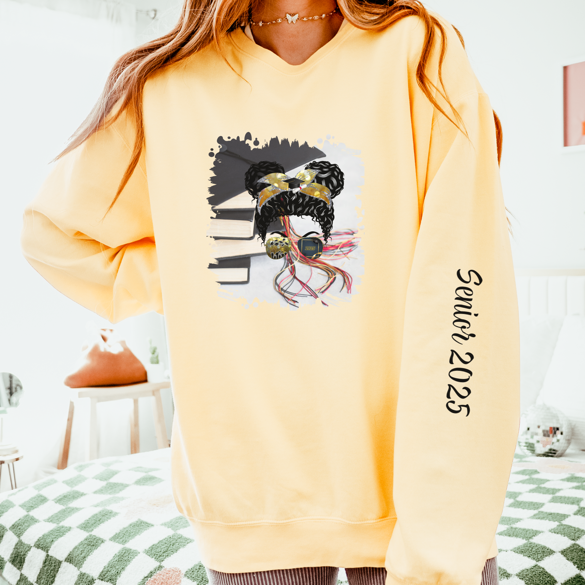 Cap & Books, Black Hair Messy Bun, Unisex Lightweight Crewneck Sweatshirt