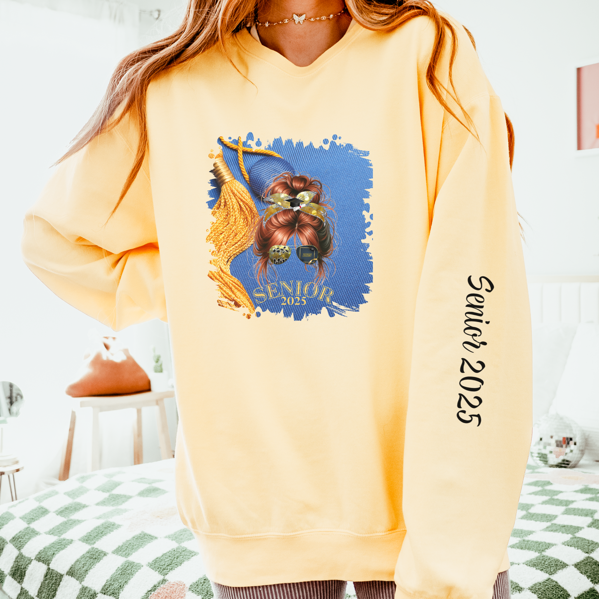 Senior 2025, Graduation Cap, Red Hair Messy Bun, Unisex Lightweight Crewneck Sweatshirt