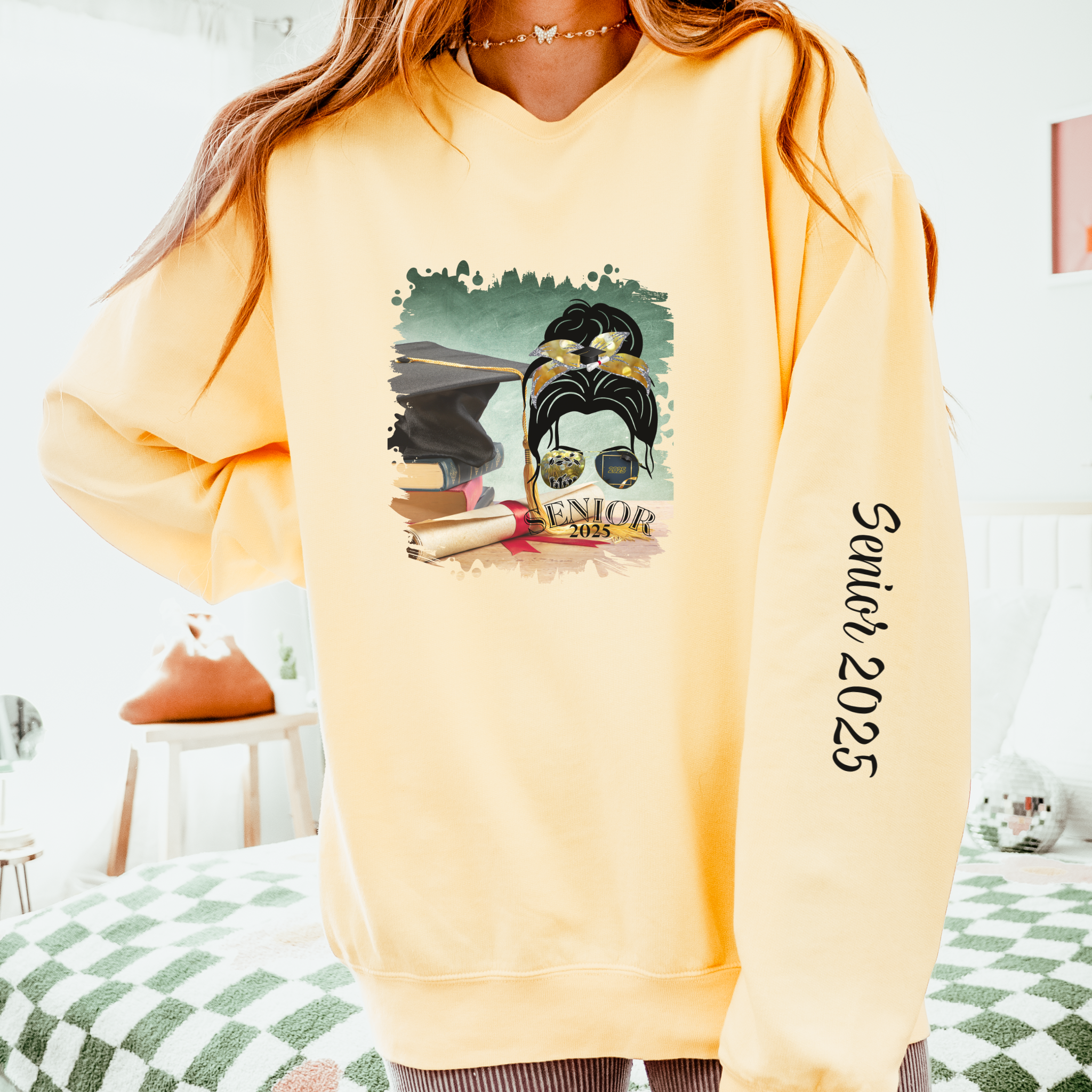 Senior 2025, Cap & Degree/Diploma, Dark Hair Messy Bun, Unisex Lightweight Crewneck Sweatshirt