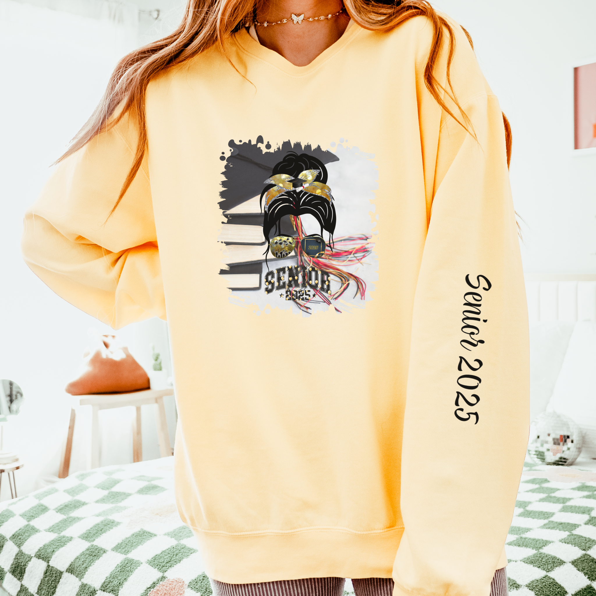 Senior 2025 Balloons, Cap & Books, Dark Hair Messy Bun, Unisex Lightweight Crewneck Sweatshirt