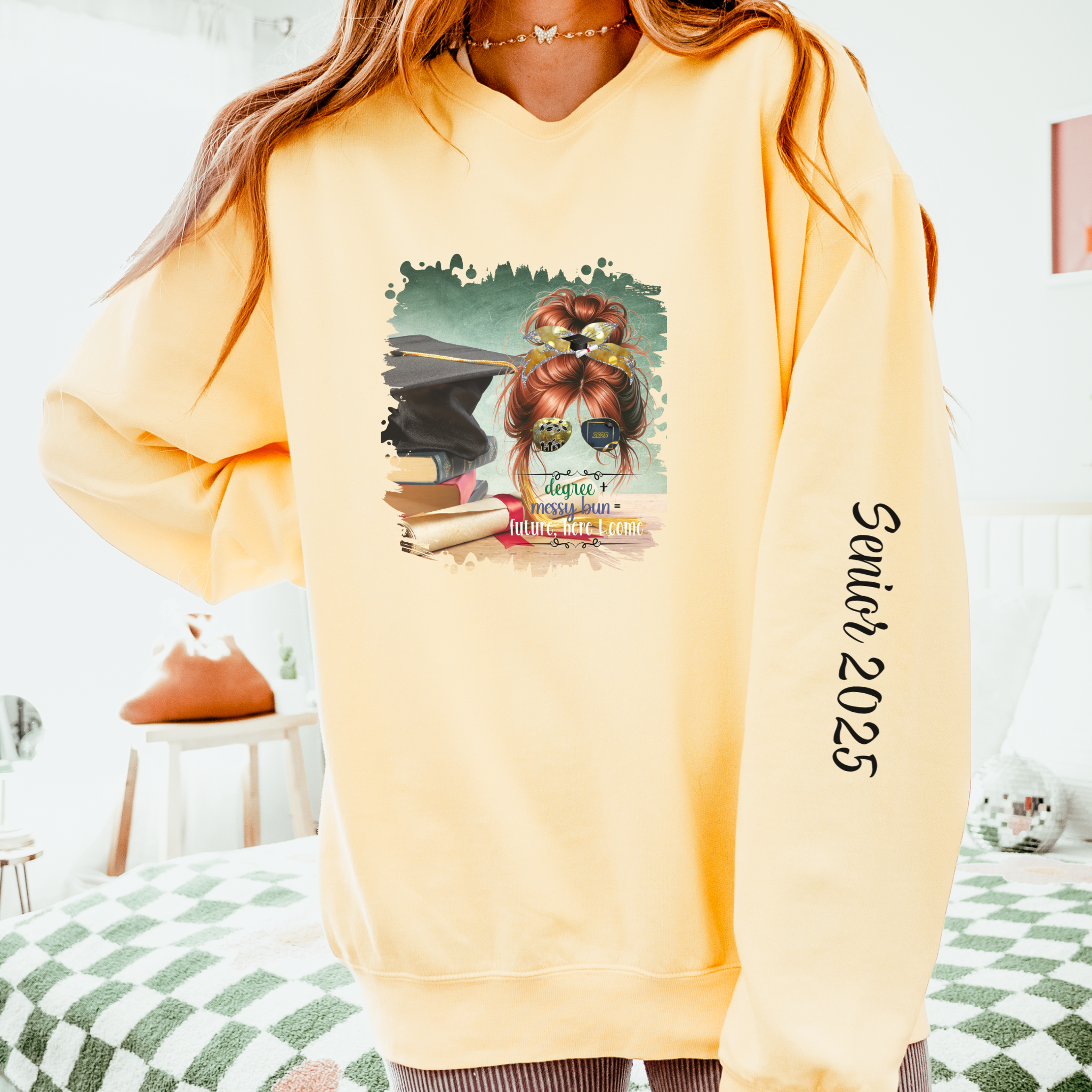 Degree + Messy Bun, Cap & Degree/Diploma, Red Hair Messy Bun, Unisex Lightweight Crewneck Sweatshirt