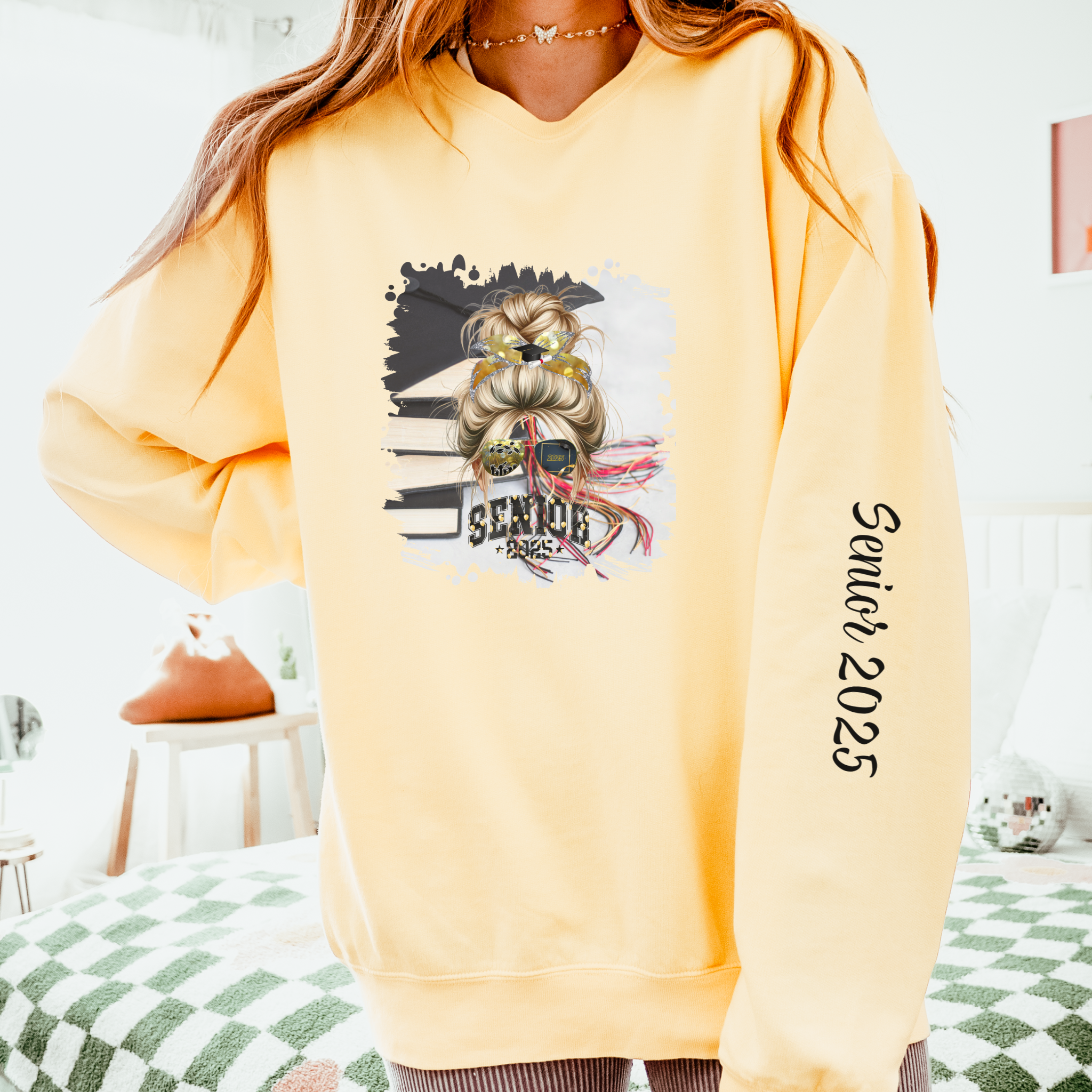 Senior 2025 Balloons, Cap & Books, Blond Hair Messy Bun, Unisex Lightweight Crewneck Sweatshirt