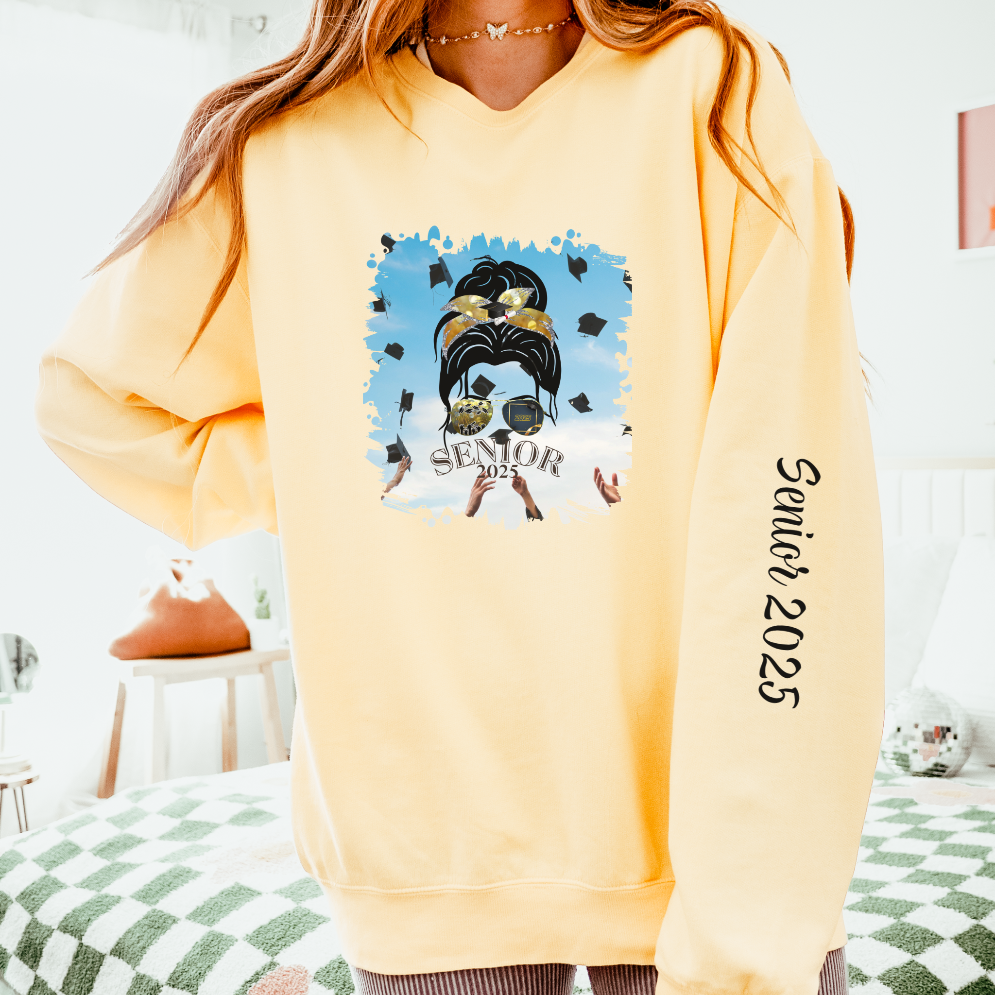 Senior 2025, Celebration, Dark Hair Messy Bun, Unisex Lightweight Crewneck Sweatshirt