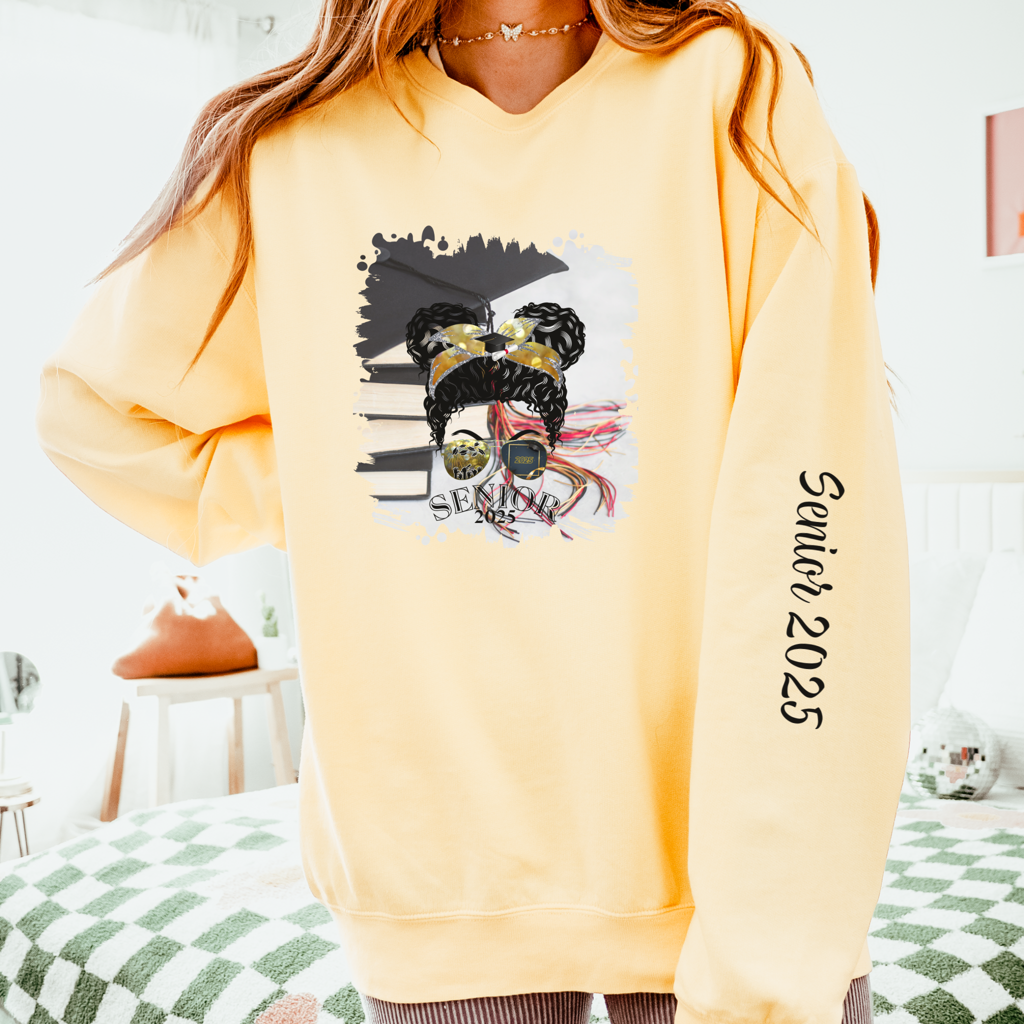 Senior 2025, Cap & Books, Black Hair Messy Bun, Unisex Lightweight Crewneck Sweatshirt