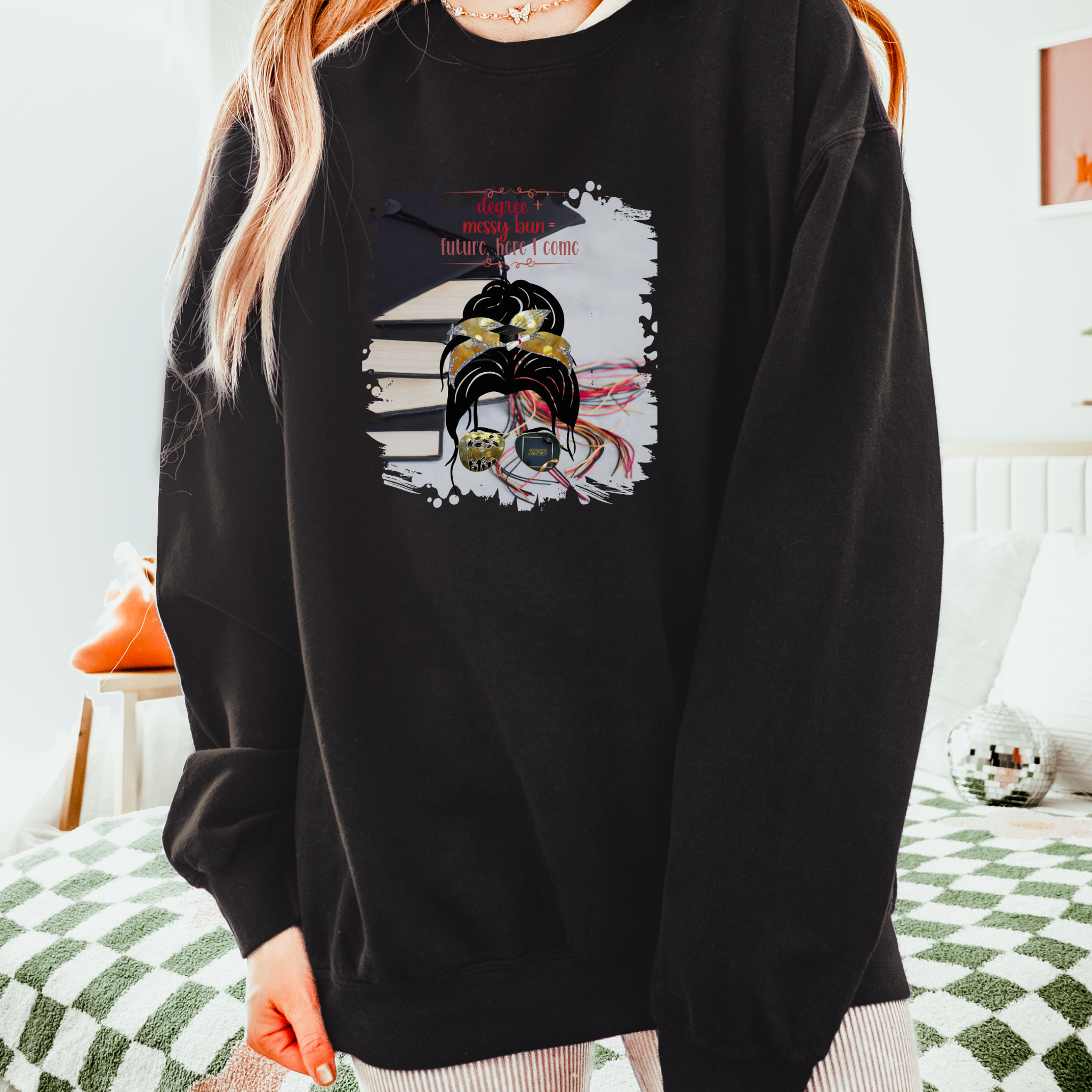Degree + Messy Bun, Cap & Books, Dark Hair Messy Bun, Unisex Lightweight Crewneck Sweatshirt