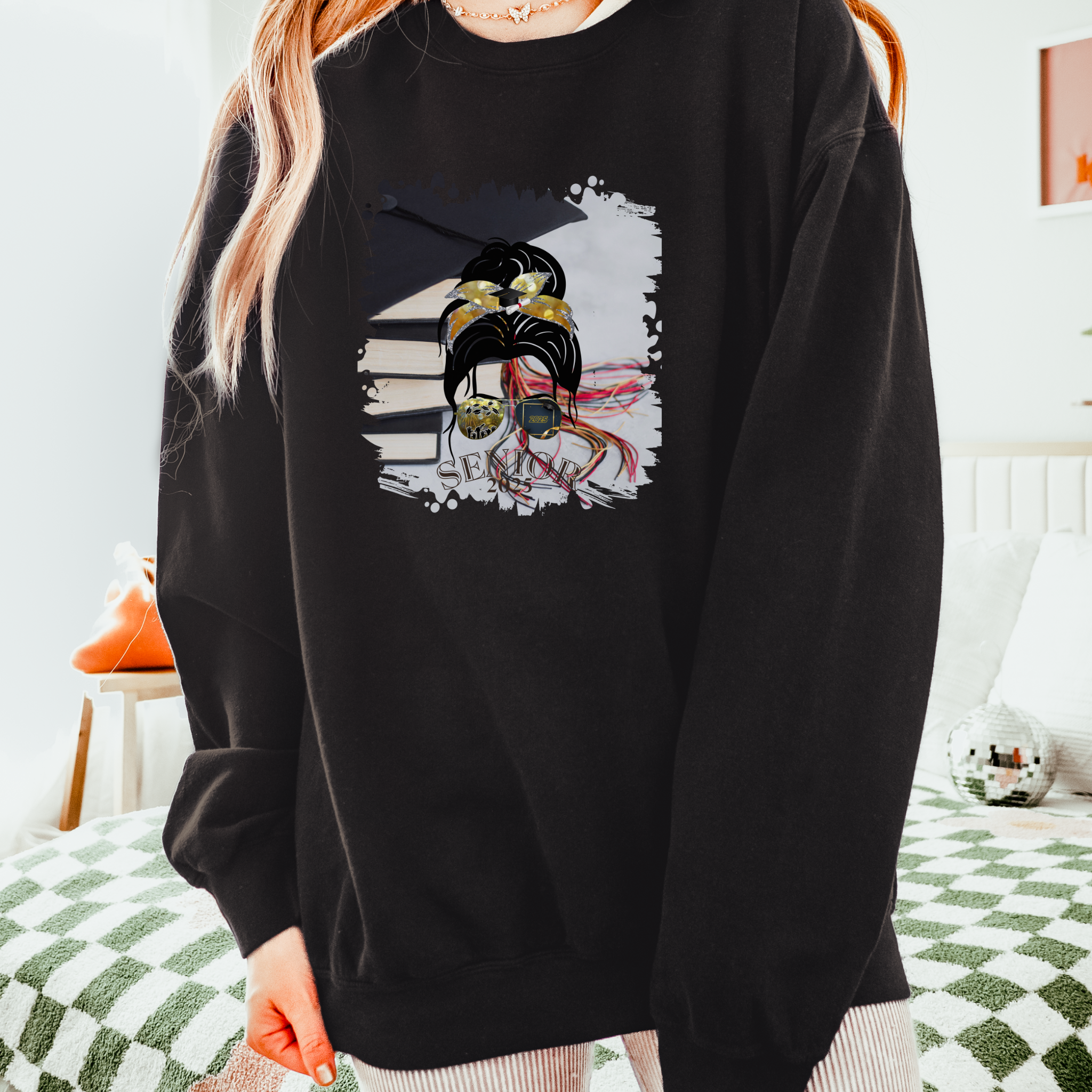 Senior 2025, Cap & Books, Dark Hair Messy Bun, Unisex Lightweight Crewneck Sweatshirt