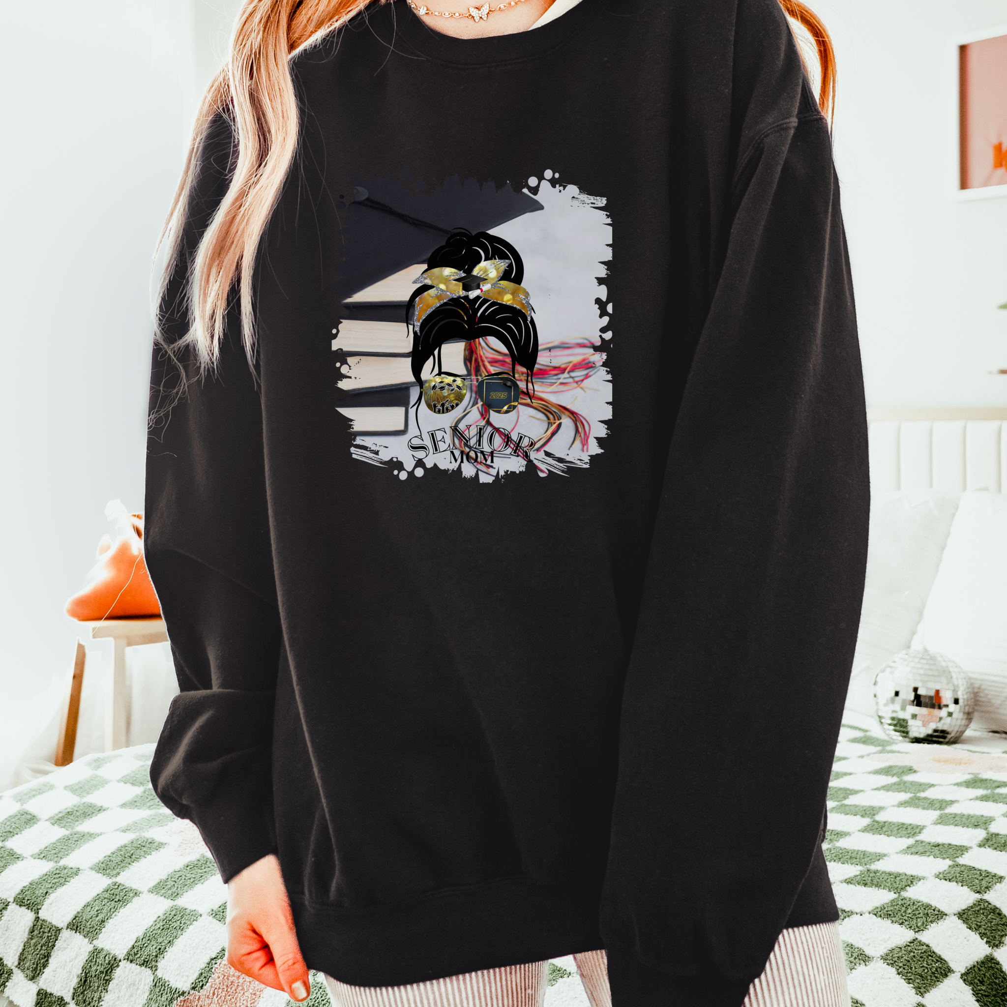 Senior Mom, Cap & Books, Dark Hair Messy Bun, Unisex Lightweight Crewneck Sweatshirt