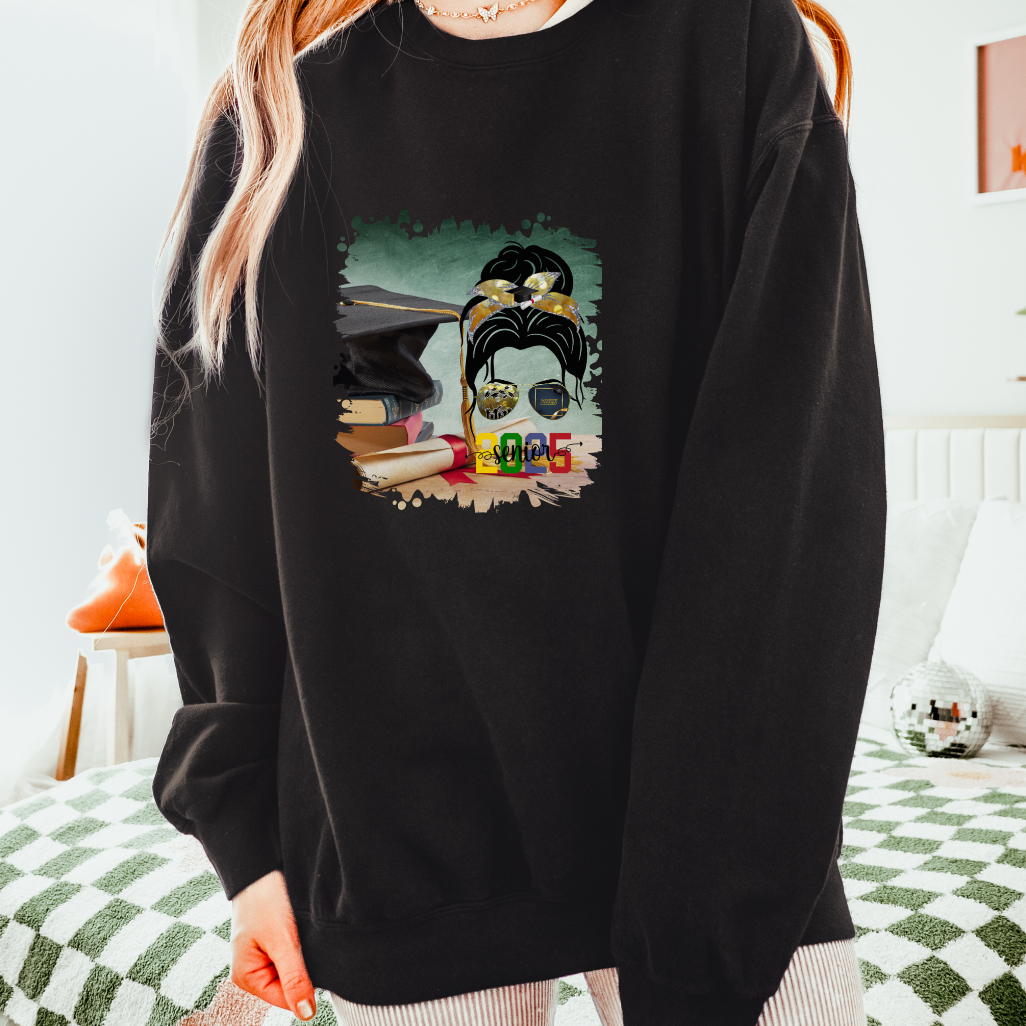 Senior 2025 Colorful, Cap & Degree/Diploma, Dark Hair Messy Bun, Unisex Lightweight Crewneck Sweatshirt