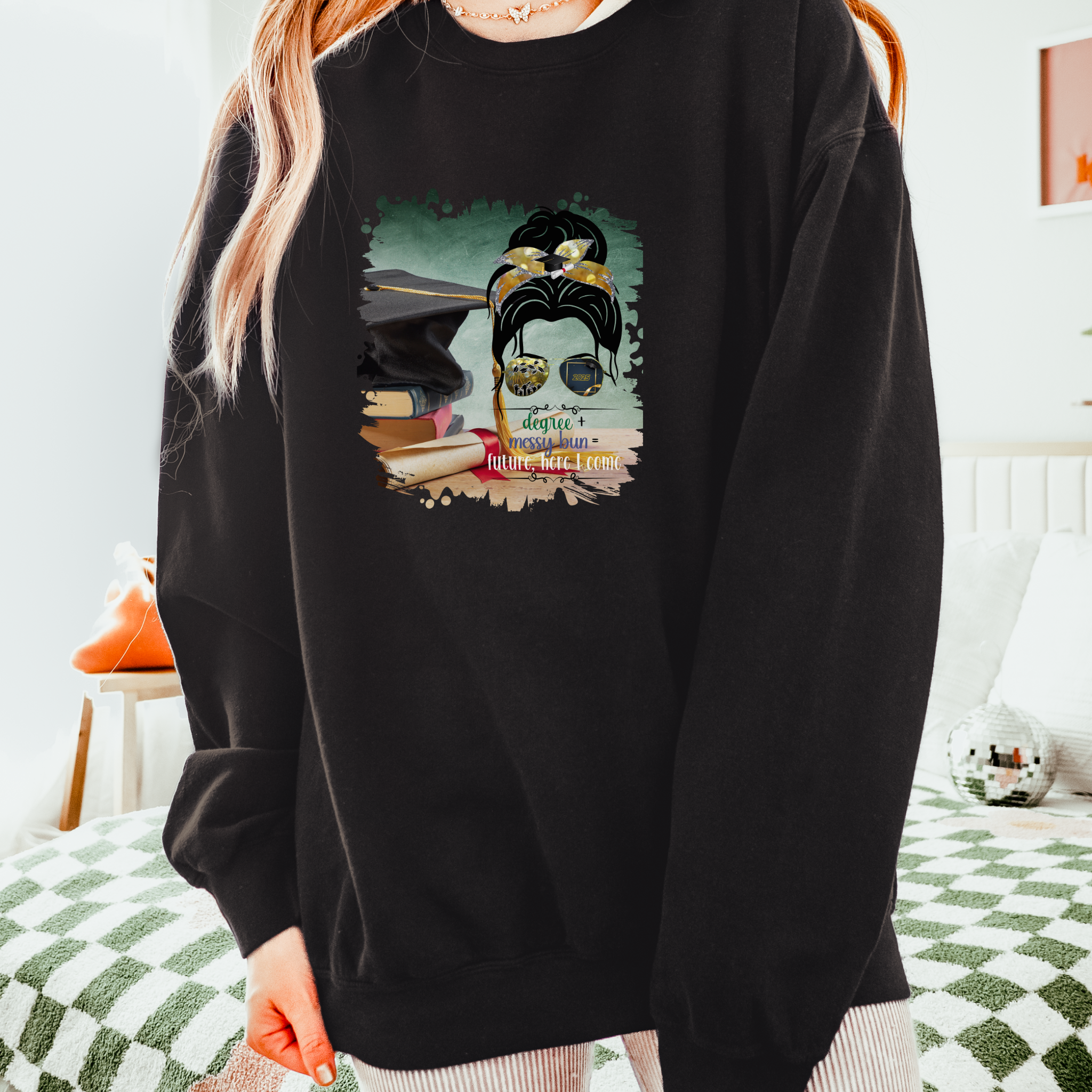 Degree + Messy Bun, Cap & Degree/Diploma, Dark Hair Messy Bun, Unisex Lightweight Crewneck Sweatshirt