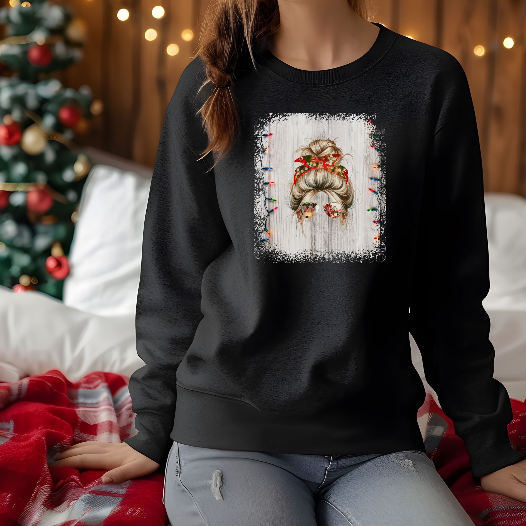 Christmas String Lights, Blond Hair Messy Bun, Unisex Heavy Blend™ Crewneck Sweatshirt