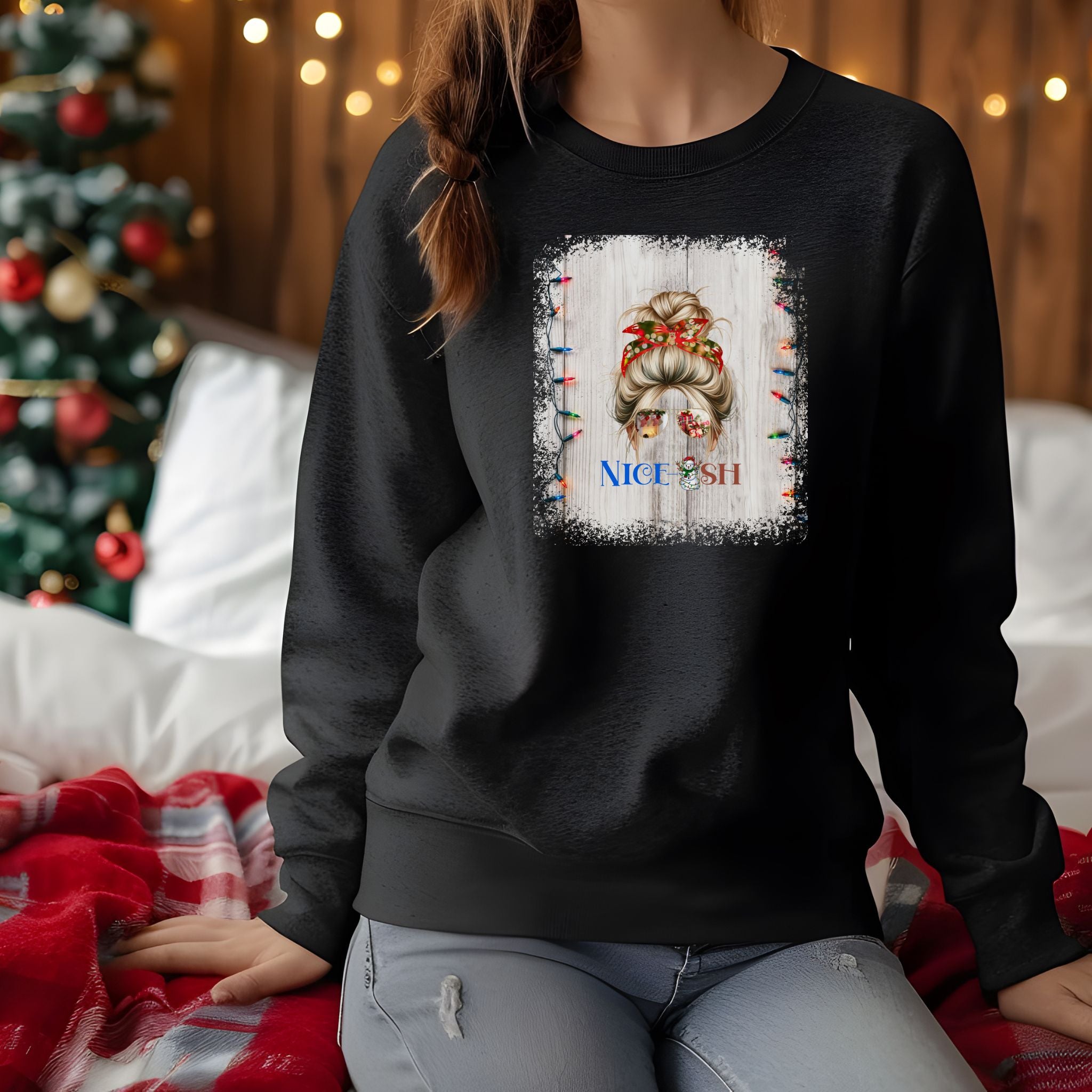 Nice-ish Christmas String Lights, Blond Hair Messy Bun, Unisex Heavy Blend™ Crewneck Sweatshirt