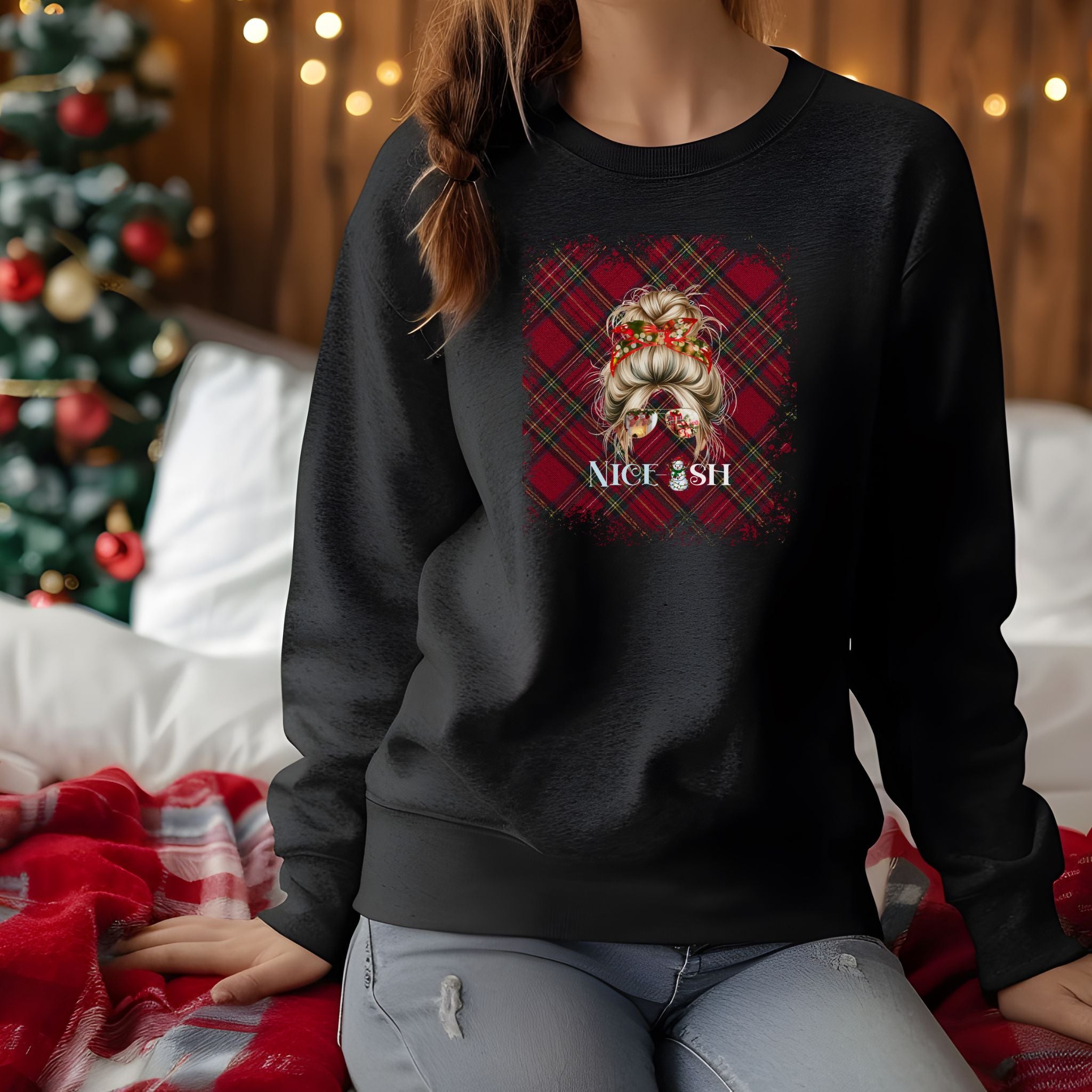 Nice-ish Christmas Plaid, Blond Hair Messy Bun, Unisex Heavy Blend™ Crewneck Sweatshirt