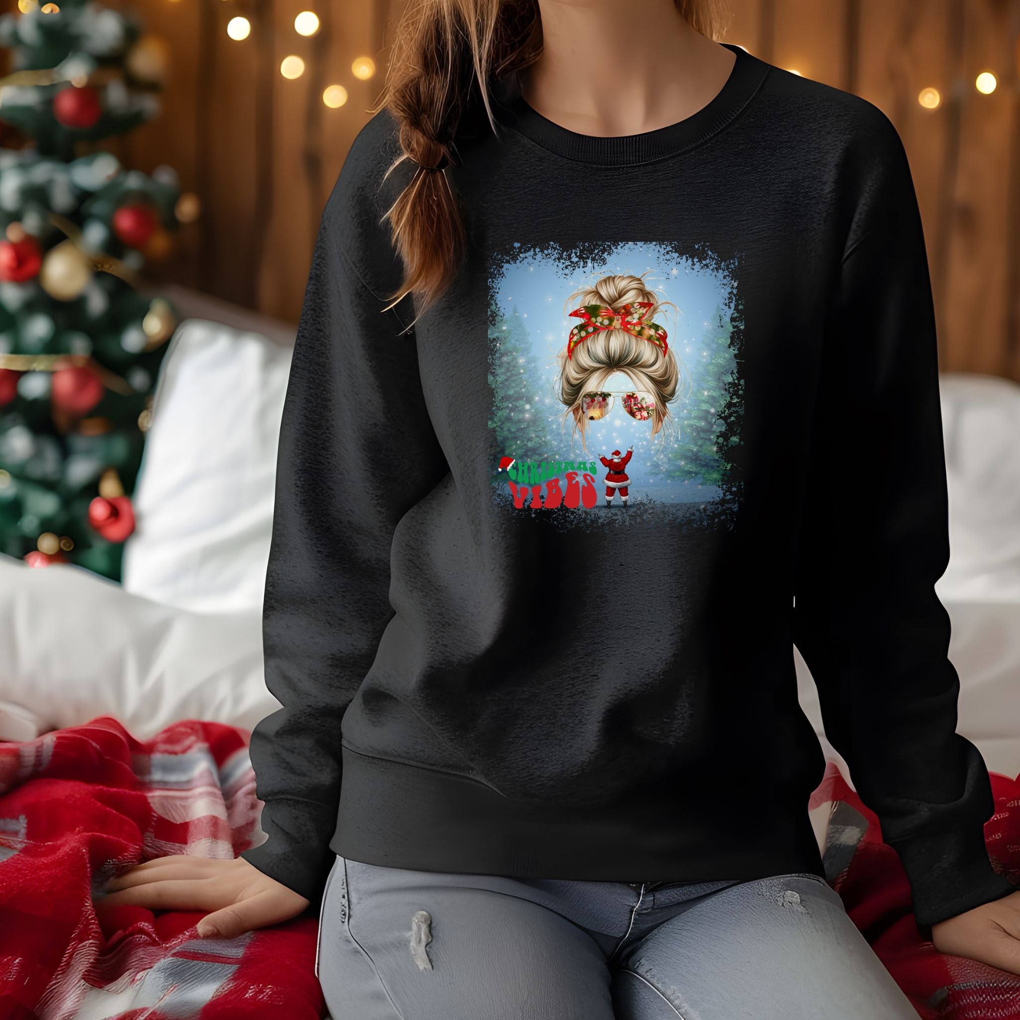 Christmas Vibes Santa, Blond Hair Messy Bun, Unisex Heavy Blend™ Crewneck Sweatshirt