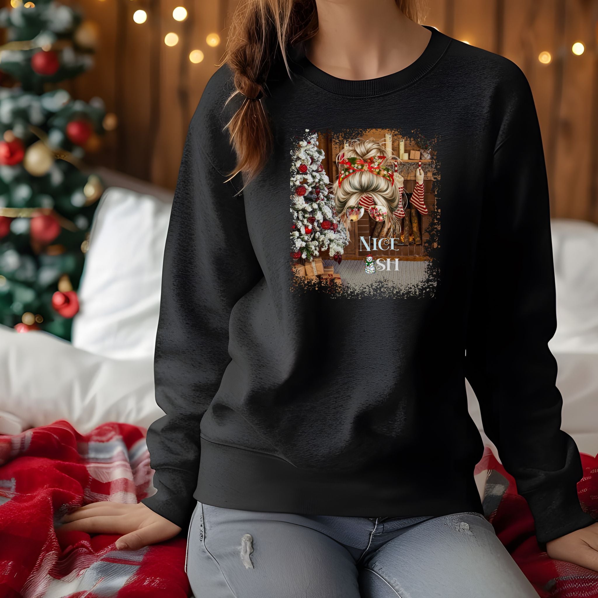 Nice-ish Christmas Home, Blond Hair Messy Bun, Unisex Heavy Blend™ Crewneck Sweatshirt