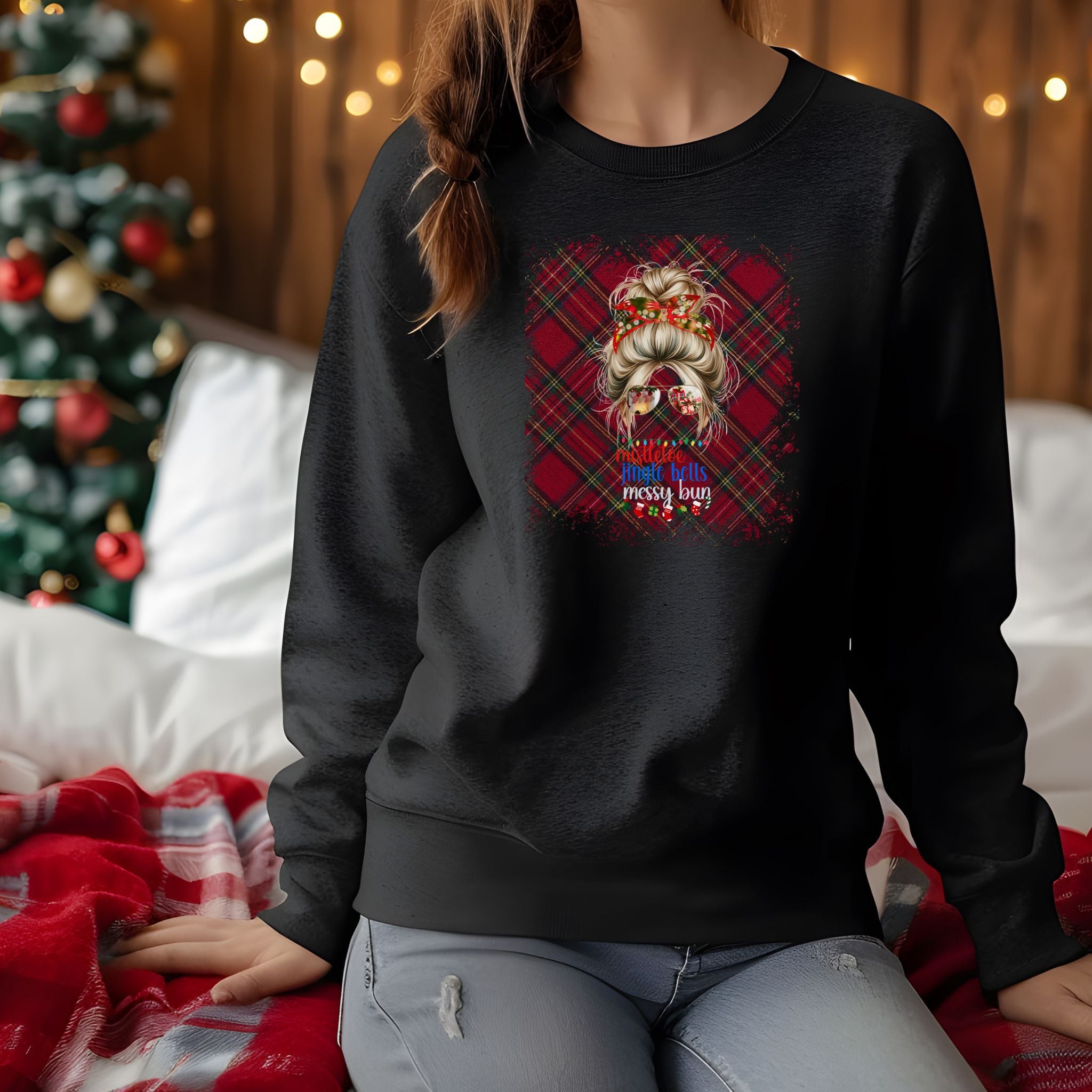 Messy Bun Christmas Plaid, Blond Hair Messy Bun, Unisex Heavy Blend™ Crewneck Sweatshirt