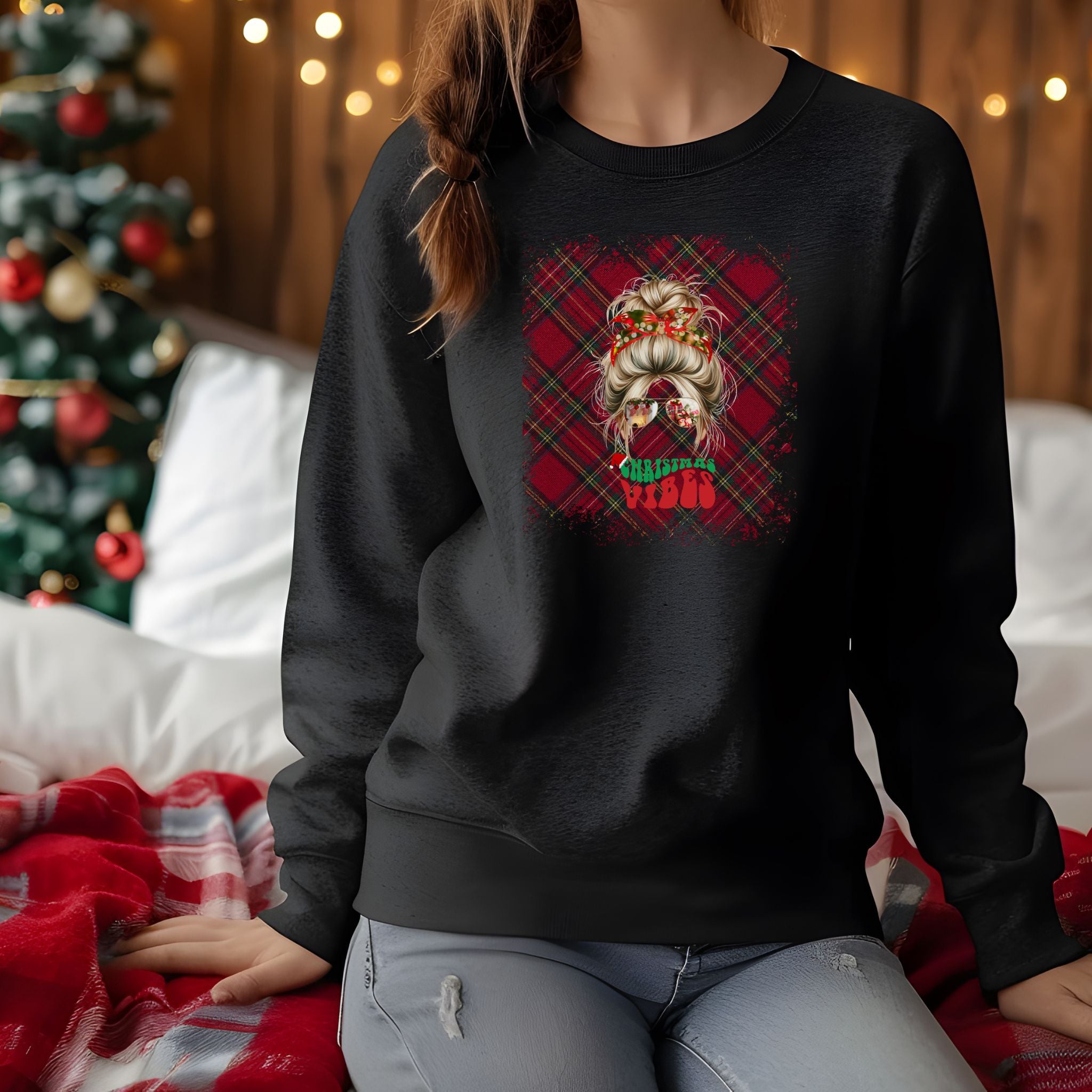 Christmas Vibes Christmas Plaid, Blond Hair Messy Bun, Unisex Heavy Blend™ Crewneck Sweatshirt