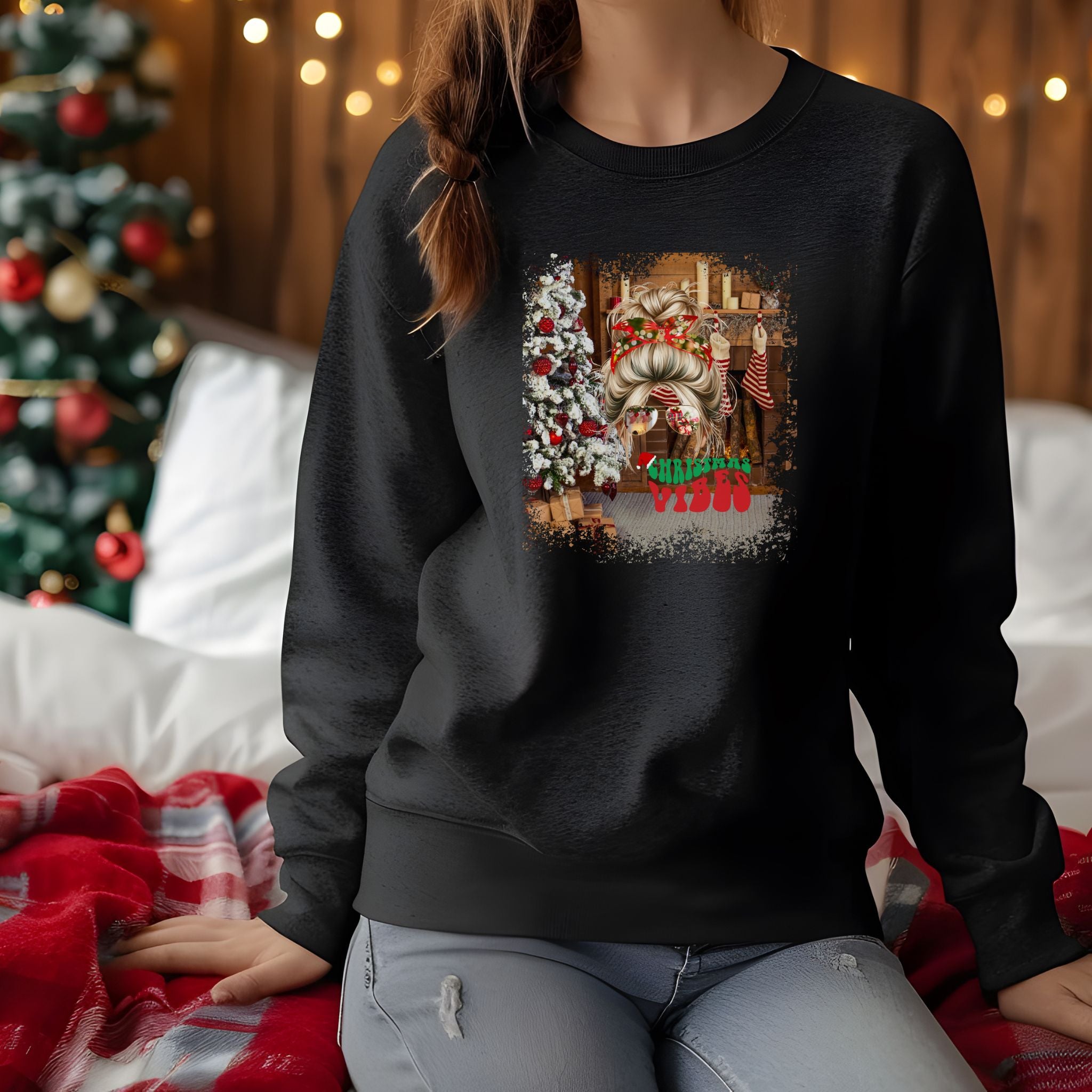 Christmas Vibes Christmas Home, Blond Hair Messy Bun, Unisex Heavy Blend™ Crewneck Sweatshirt