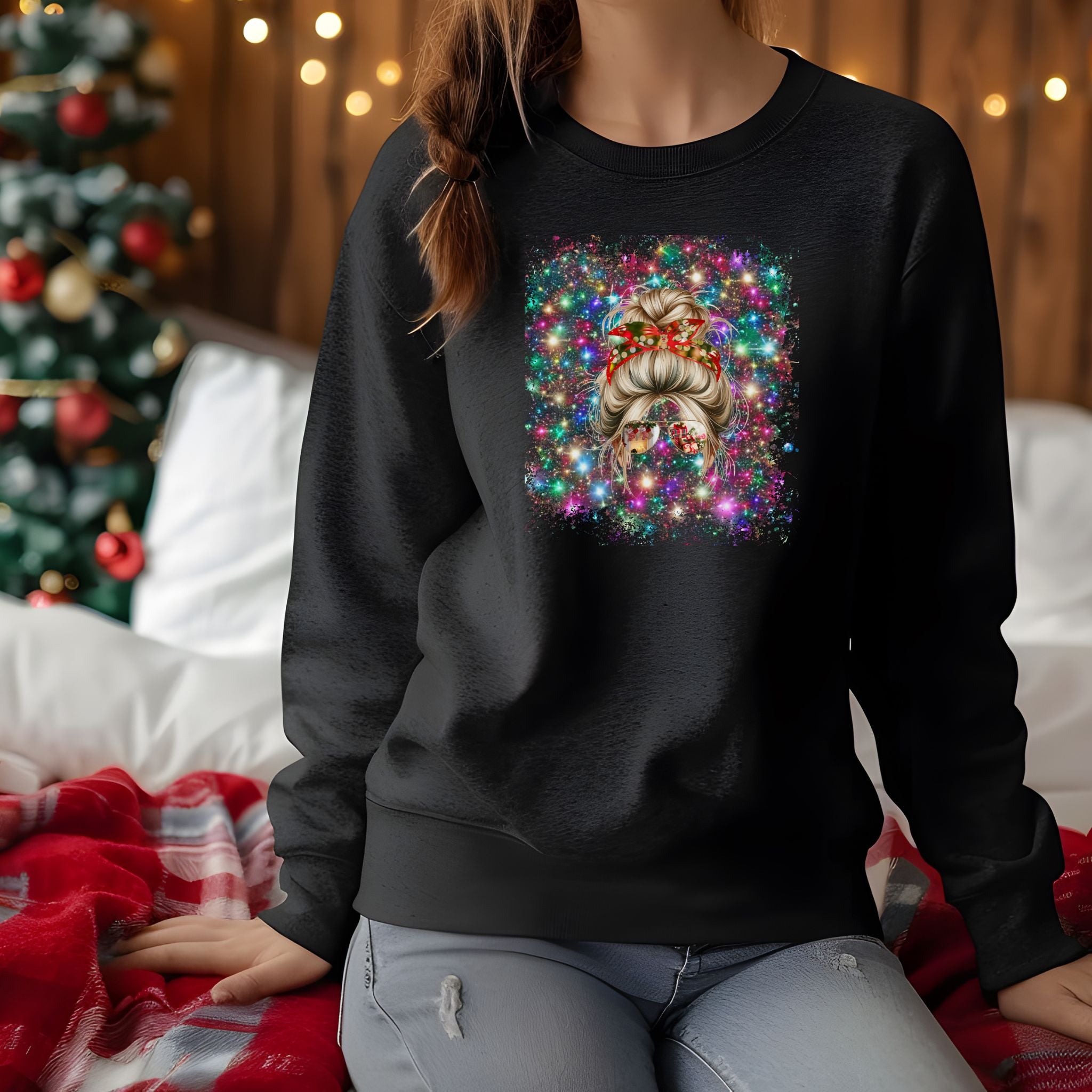 Christmas Lights, Blond Hair Messy Bun, Unisex Heavy Blend™ Crewneck Sweatshirt